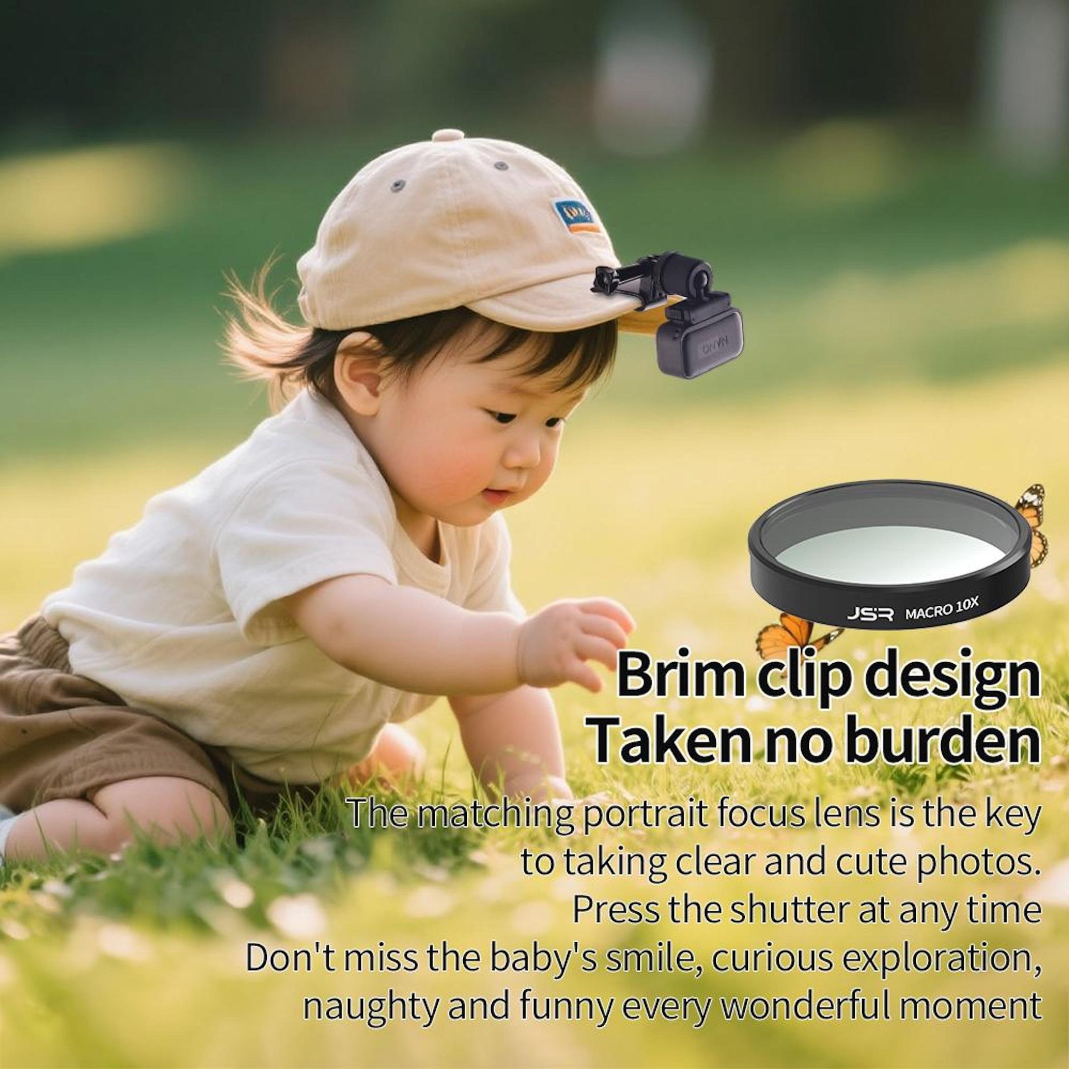 Ein Baby mit einer Kamera an einer Kappe krabbelt auf grünem Gras. Eine Makrolinse ist in der Nähe.