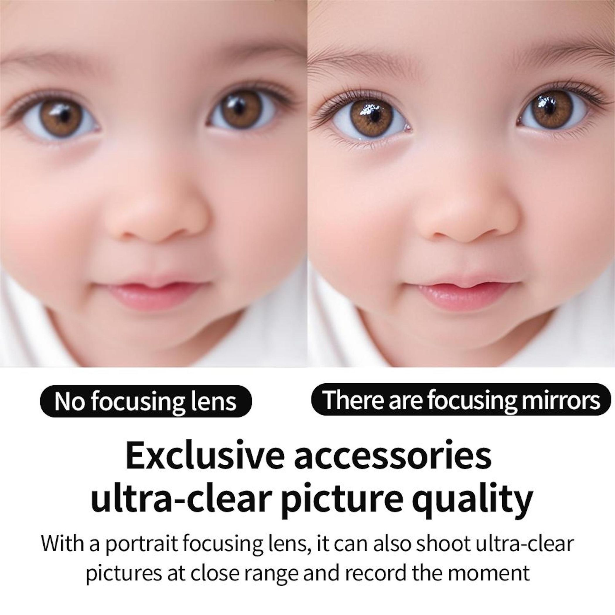 Geteilte Ansicht: Links unscharfe Babyaugen, rechts scharfe Babyaugen.