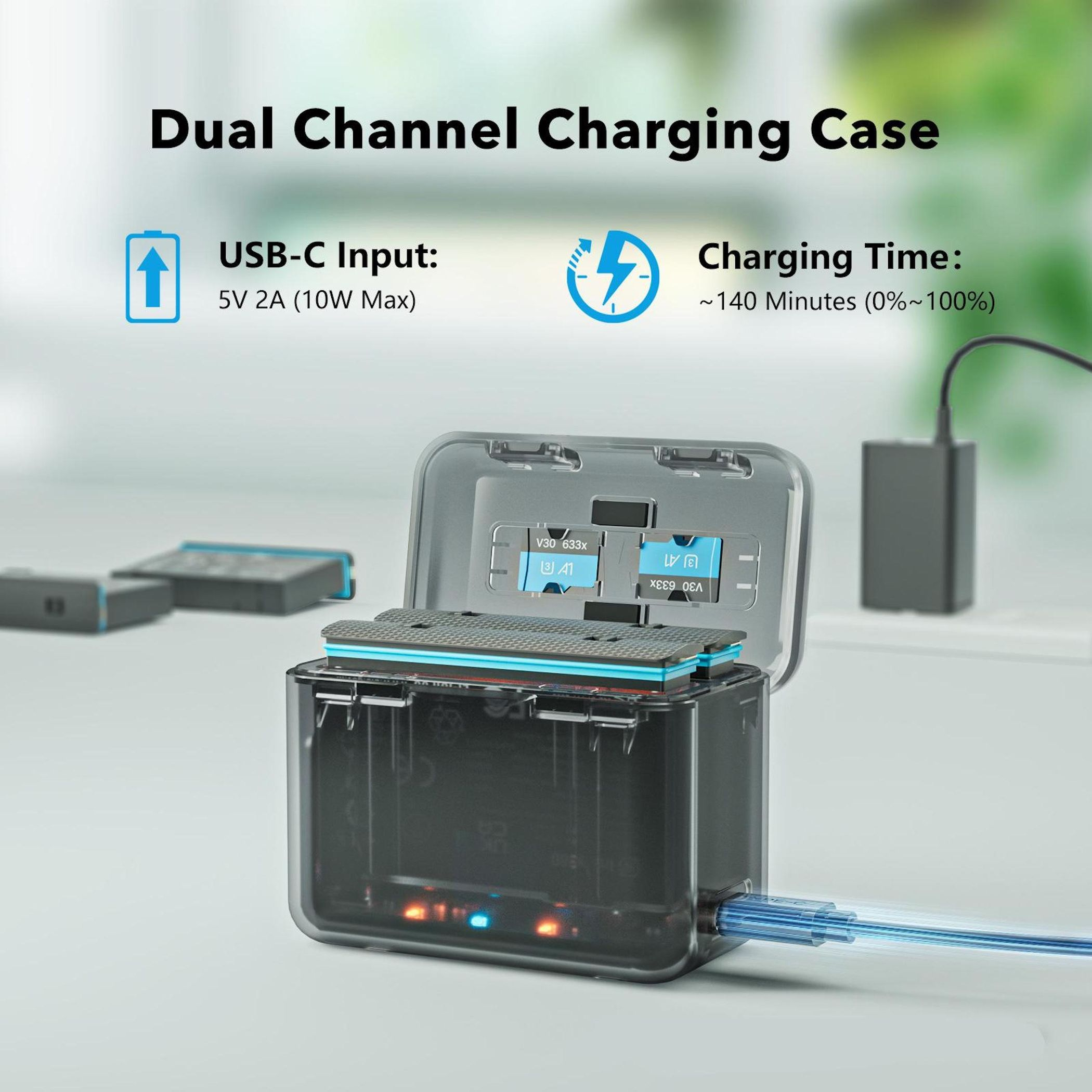 Doppelkanal-Ladecase mit angeschlossenem USB-C-Kabel und Netzteil.