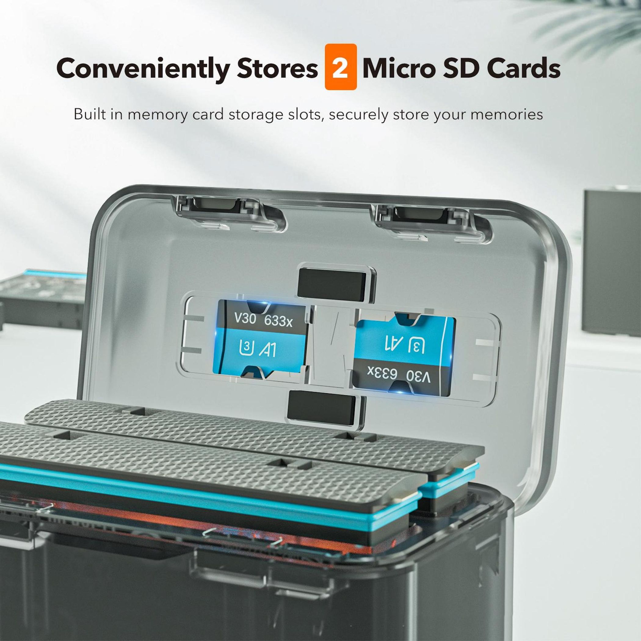 Ein graues Etui mit zwei Micro-SD-Karten, die V30- und A1-Spezifikationen zeigen.