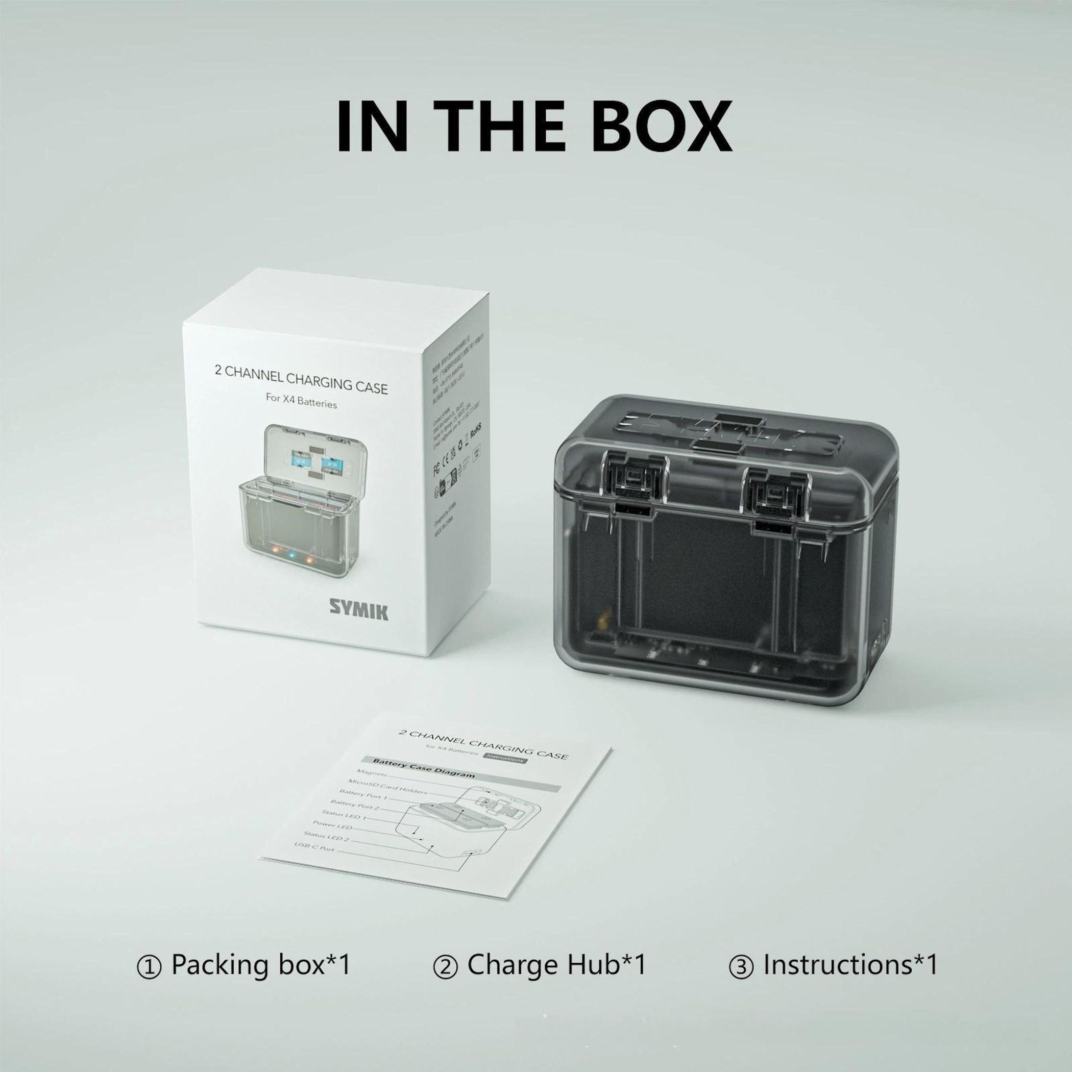 Verpackungsbox, Ladestation und Anleitung für X4-Akkus.