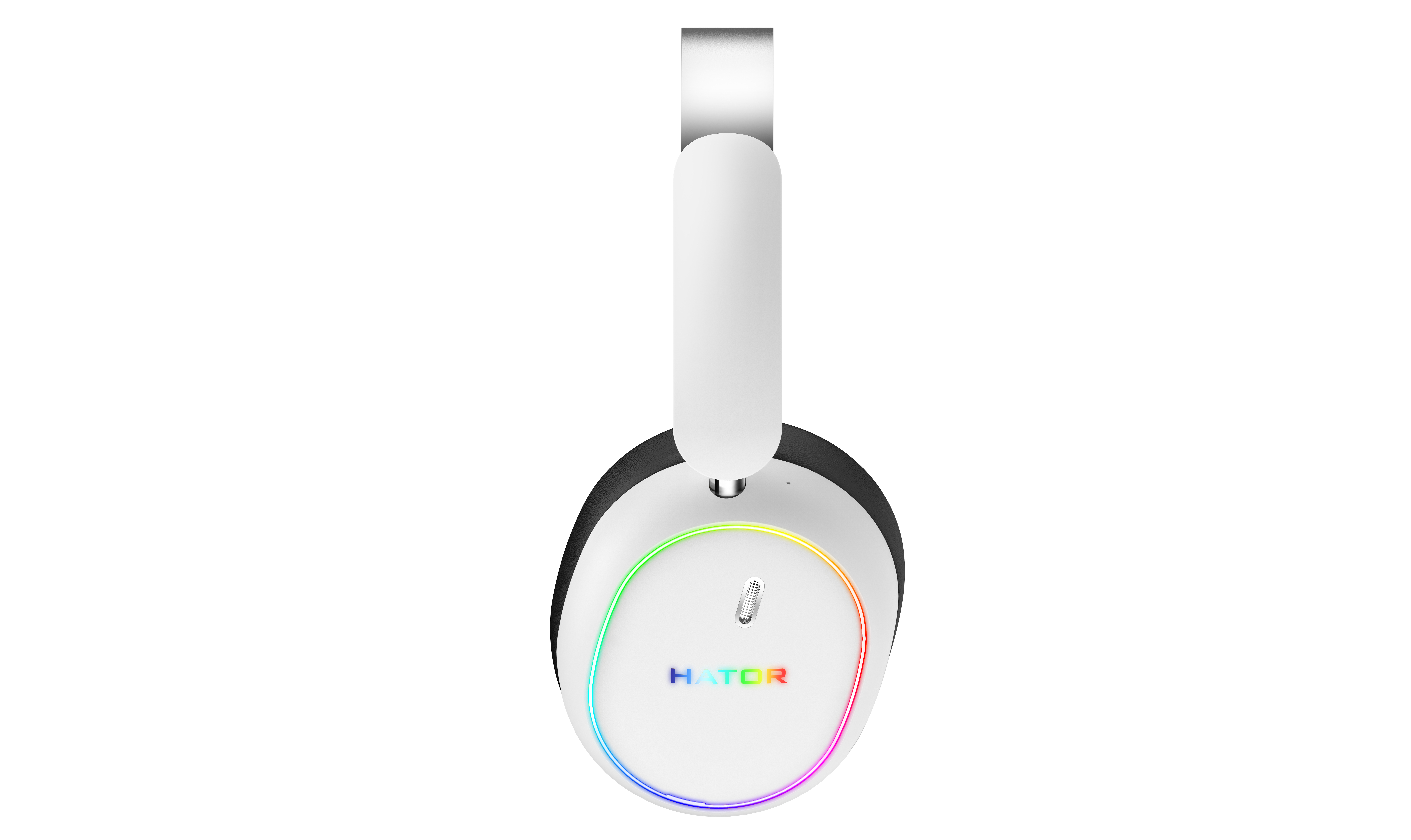 Ein weißer Kopfhörer mit RGB-Beleuchtung und dem HATOR-Logo.