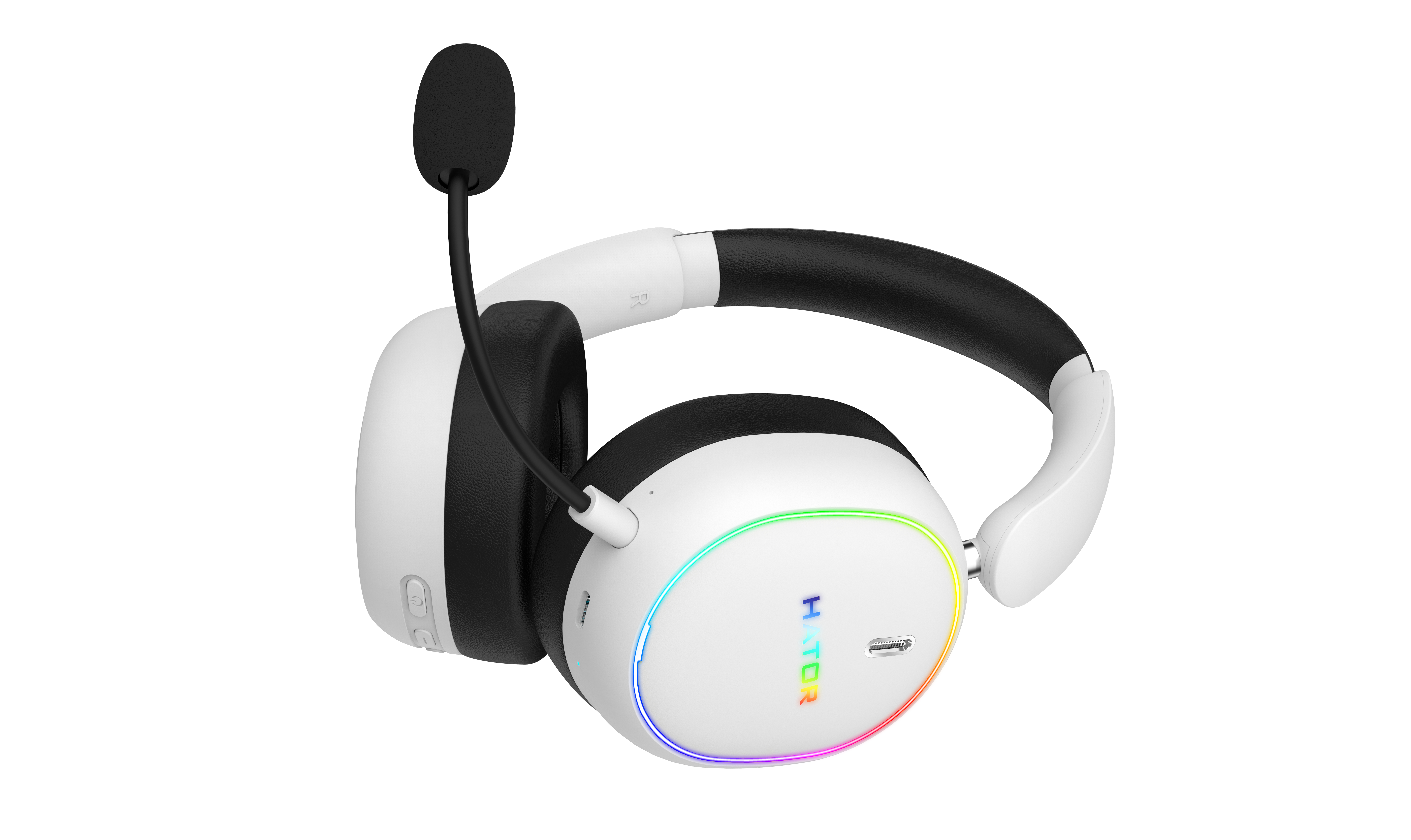 Weiße Kopfhörer mit Mikrofon und RGB-Beleuchtung, auf weißem Hintergrund.