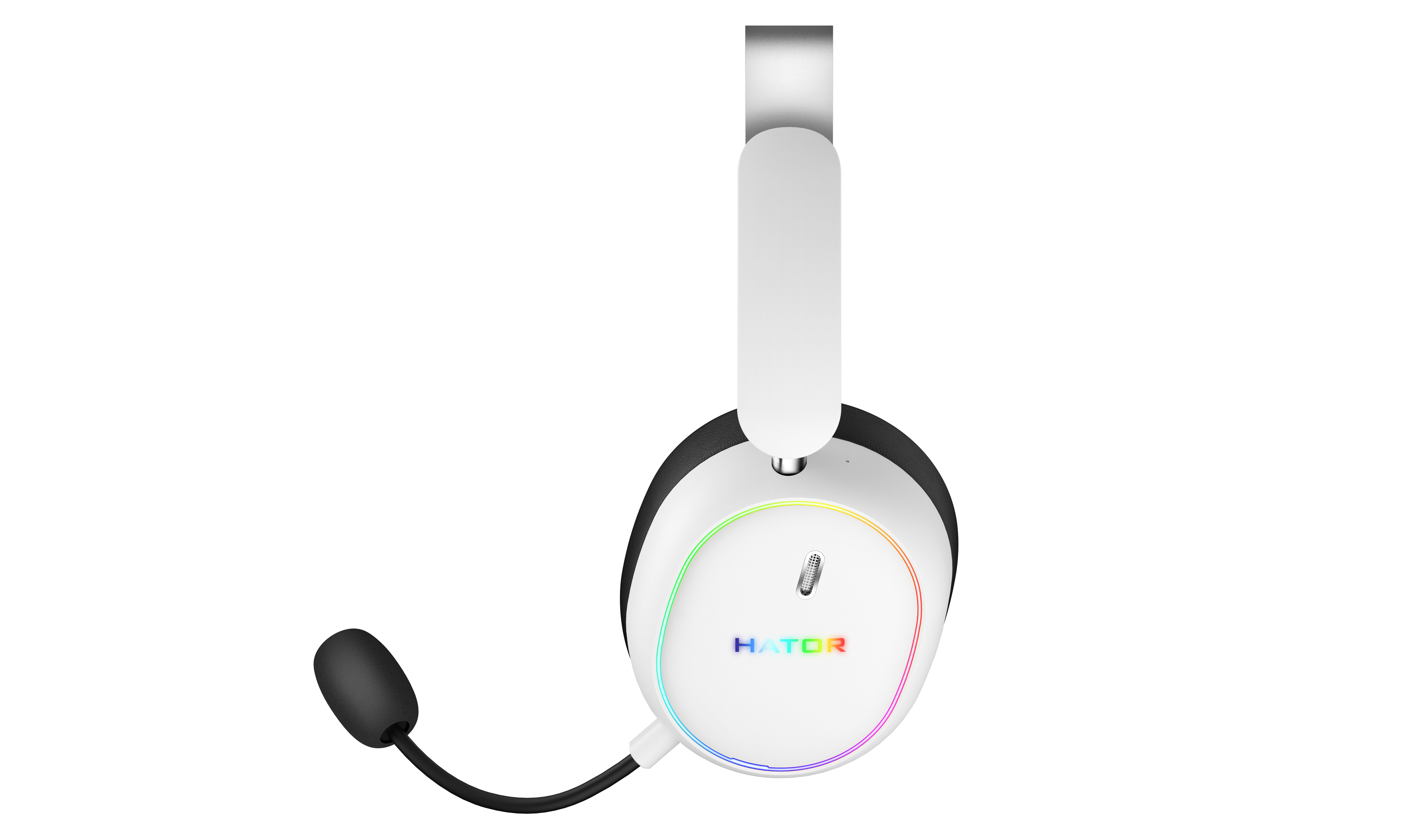 Weißes Headset mit Mikrofon und Regenbogen-LED-Beleuchtung.