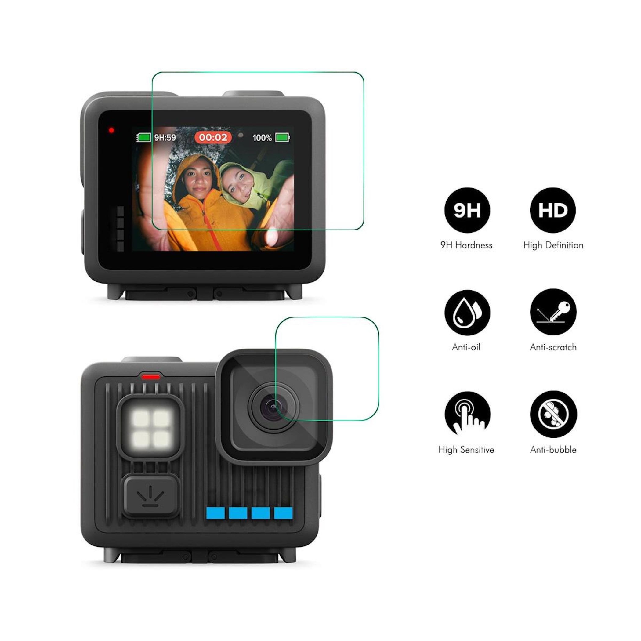 Ein schwarzer GoPro mit Bildschirmanzeige und Schutzfolien-Symbolen.