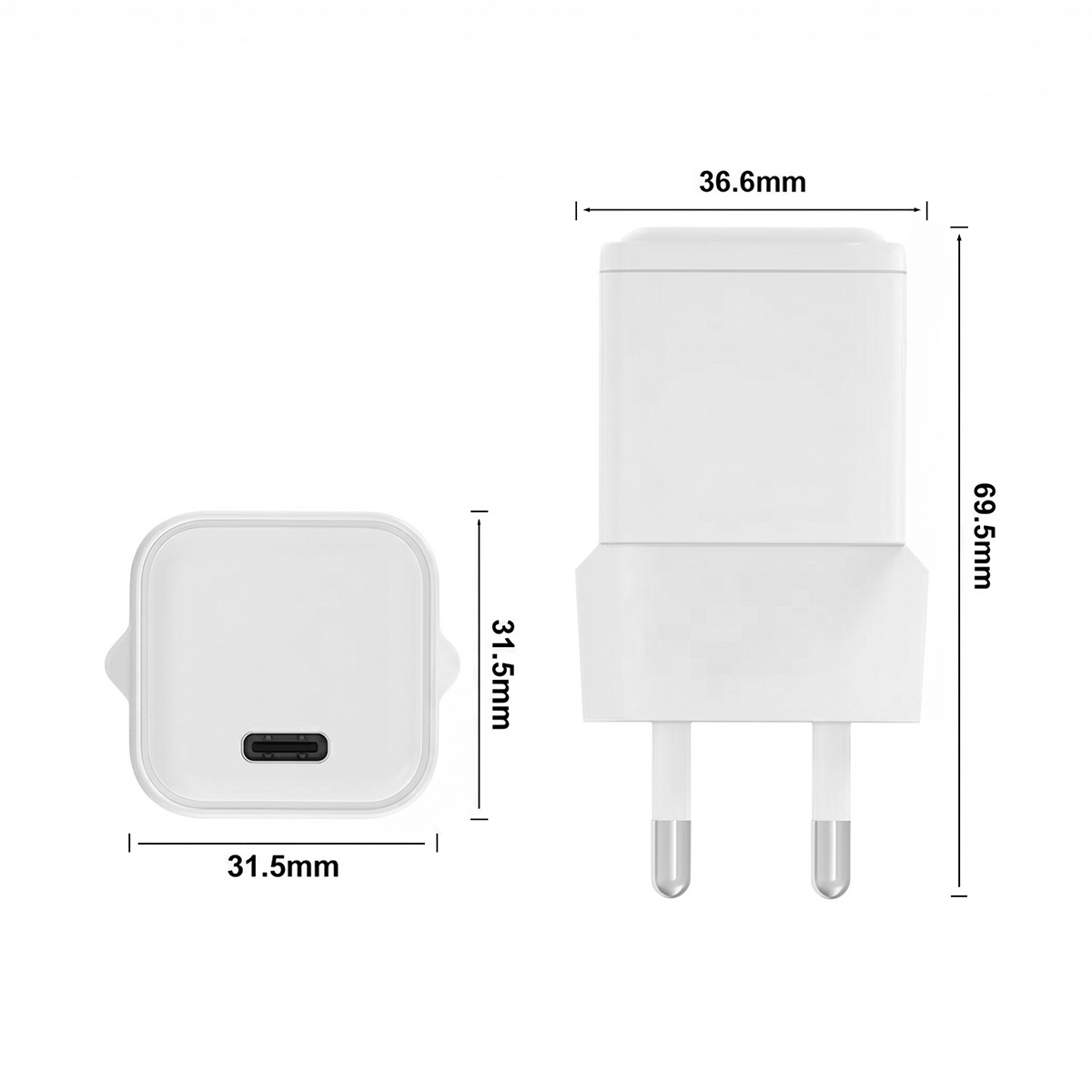 Caricatori bianchi con porta USB-C e dimensioni.