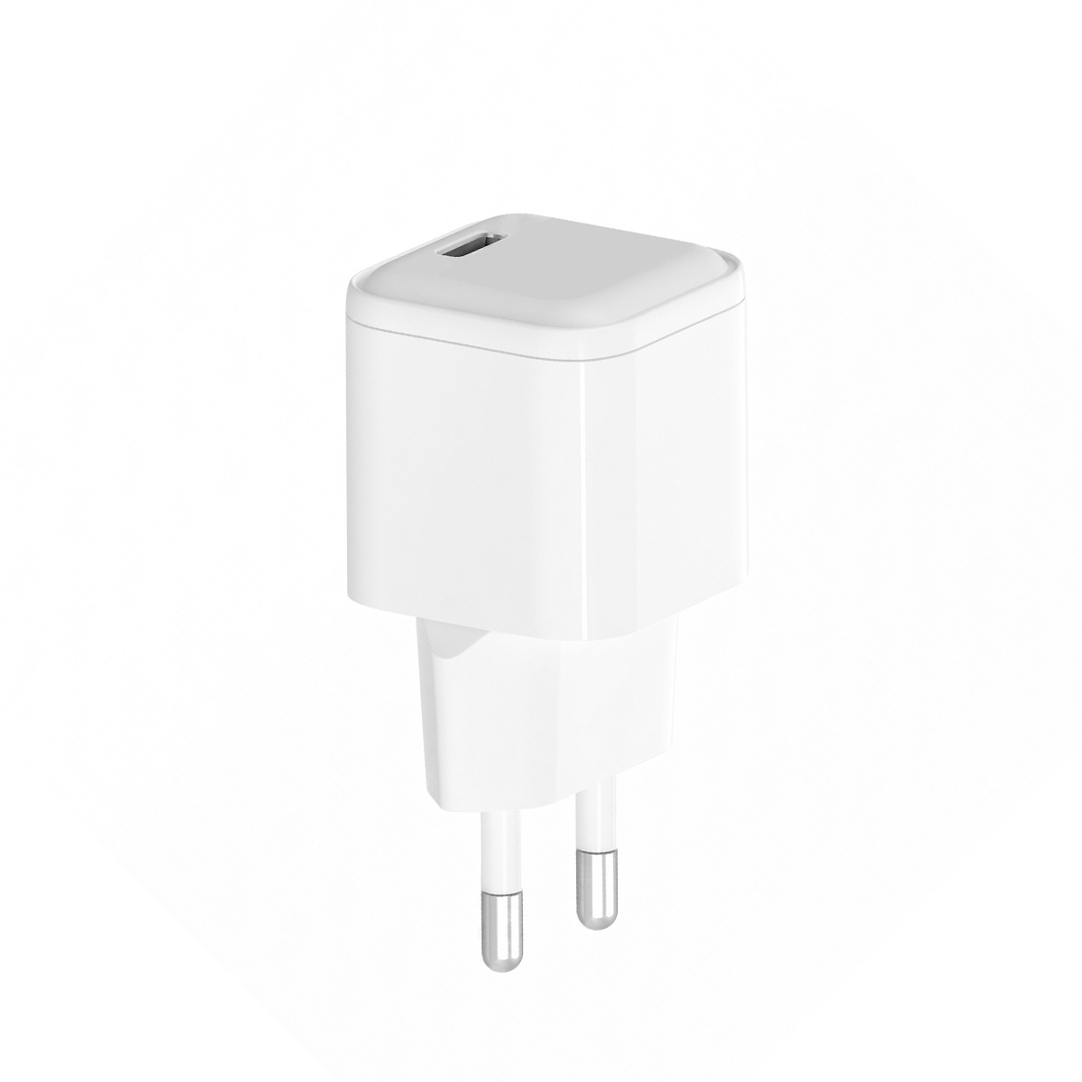 Un alimentatore USB bianco con due pin piatti e una porta USB.
