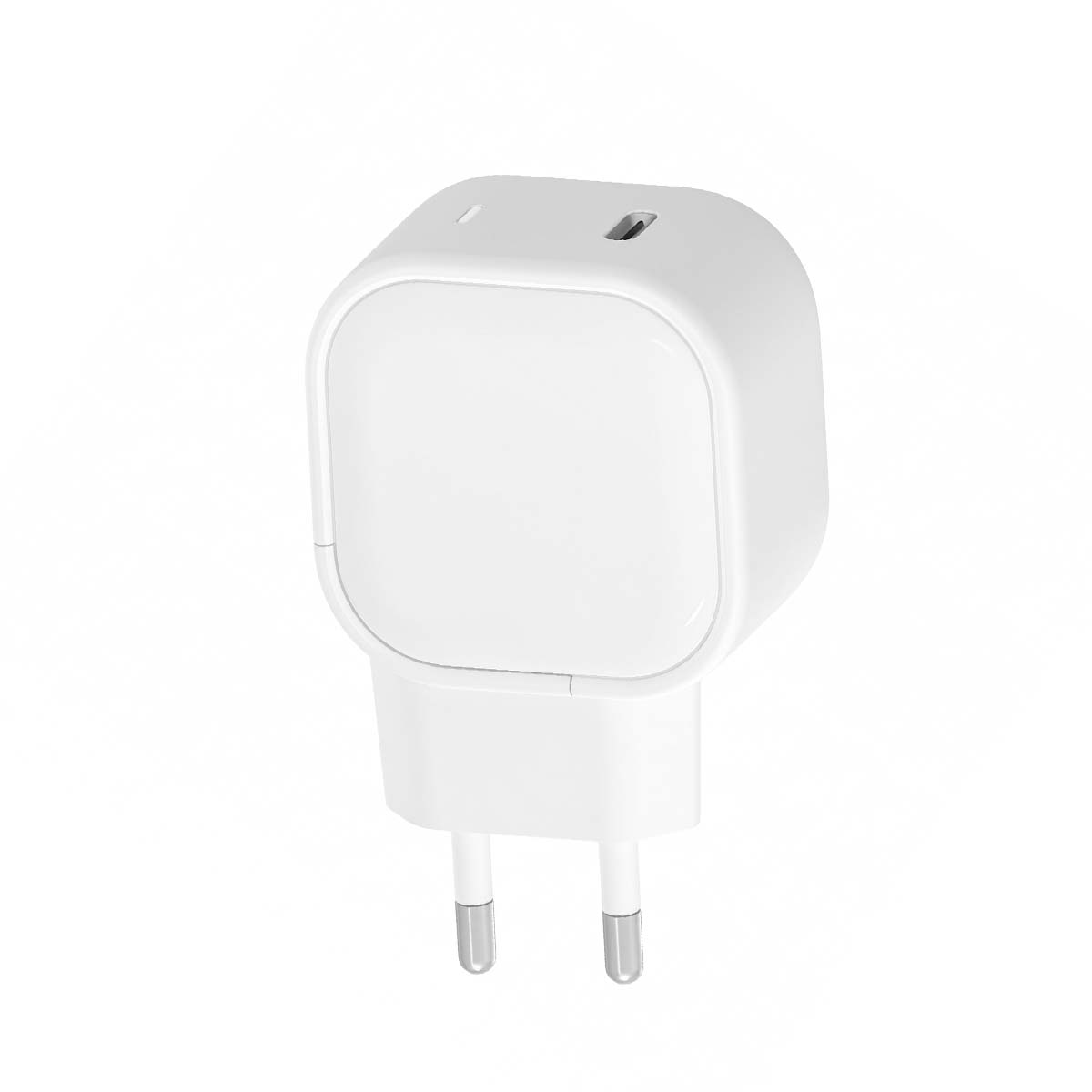 Un adattatore di corrente bianco con due pin rotondi e una porta USB-C.