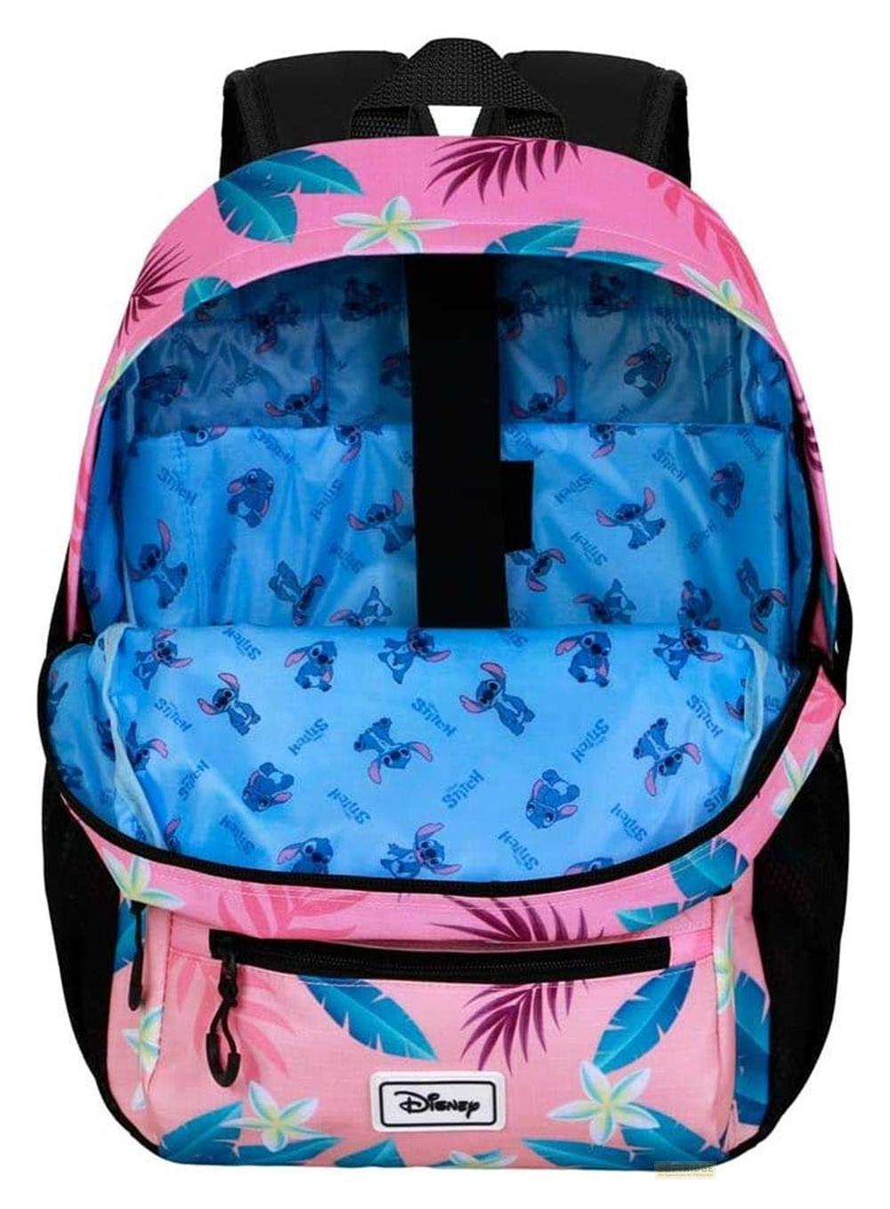 Ein offener Rucksack mit rosa tropischem Muster und Stitch-Motiven innen.