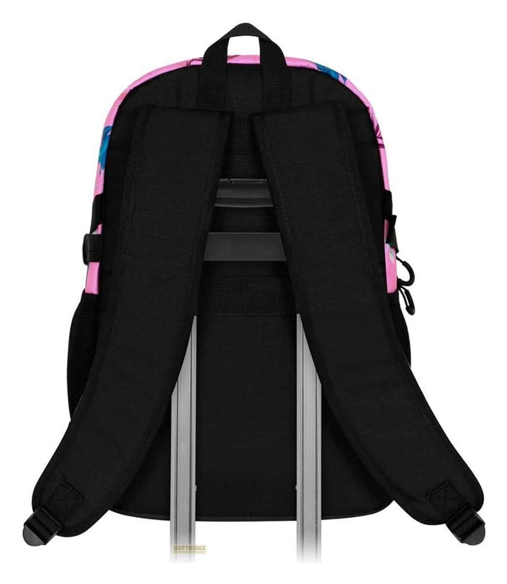 Schwarzer Rucksack mit rosa und blauem Blumenmuster, auf Rollen montiert.