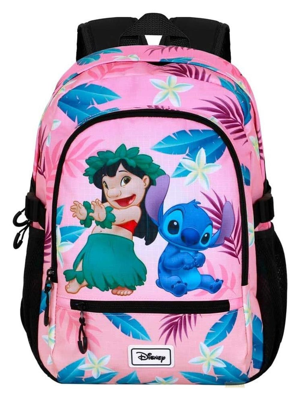 Ein pinker Rucksack mit Lilo & Stitch und tropischen Blättern.