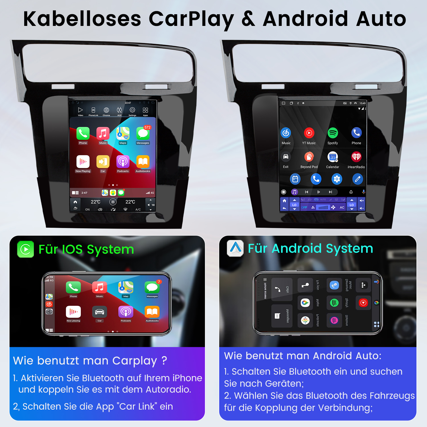 Zwei Autoradios mit Touchscreens zeigen CarPlay und Android Auto, daneben Anleitungen.