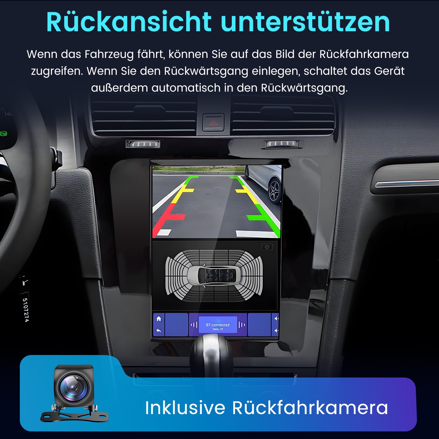Autoinnenraum mit Rückfahrkamera-Display und einem kleinen Kamerabild.