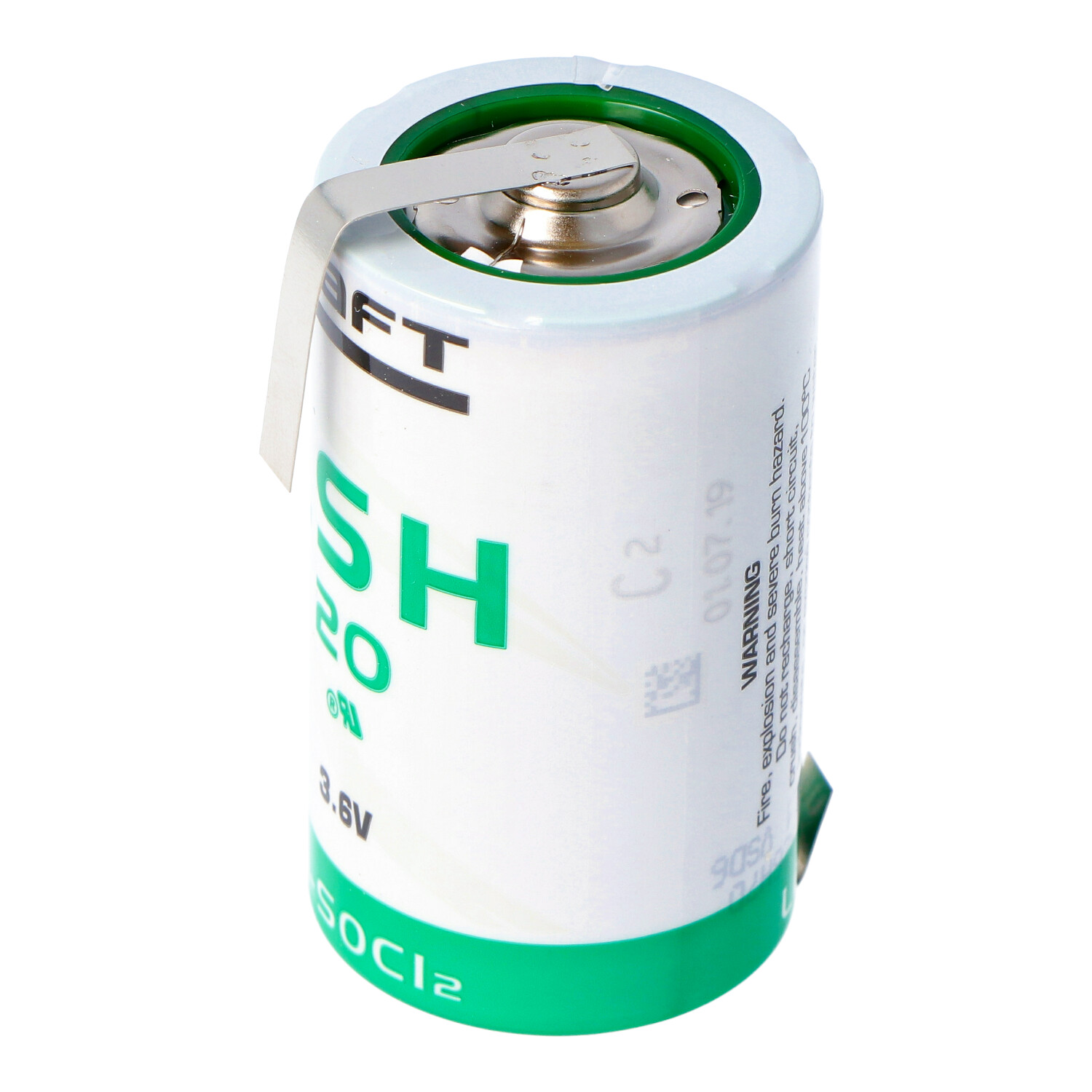 Eine weiße Batterie mit grüner Aufschrift und einem Metallanschluss.