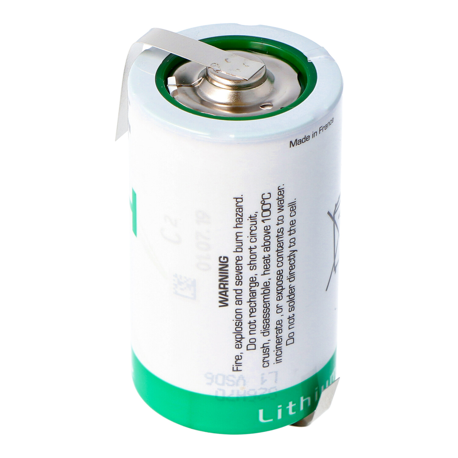 Ein weißer Lithium-Ionen-Akku mit grünen Akzenten und Warnhinweisen.