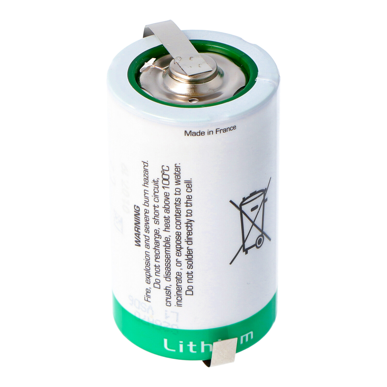 Ein weißer Lithium-Ionen-Akku mit grüner Oberseite und Warnhinweisen.