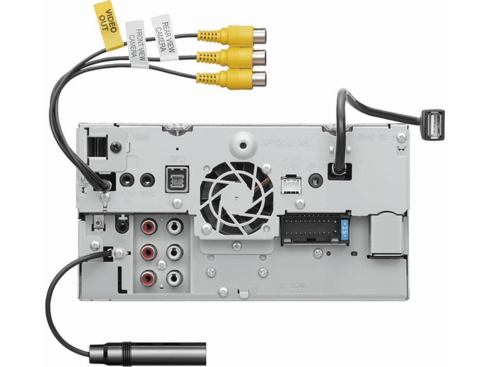 Rückansicht des Autoradios mit Kabeln: USB, GPS, Videoausgang und Kameraeingängen.