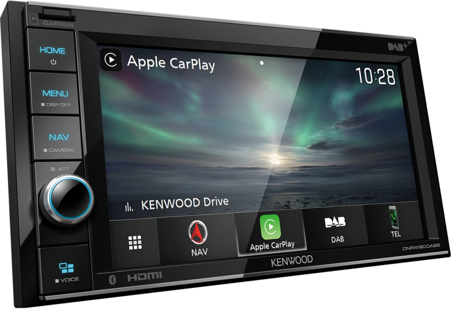 Ein schwarzes Autoradio mit Touchscreen zeigt Apple CarPlay und eine Nordlicht-Landschaft.