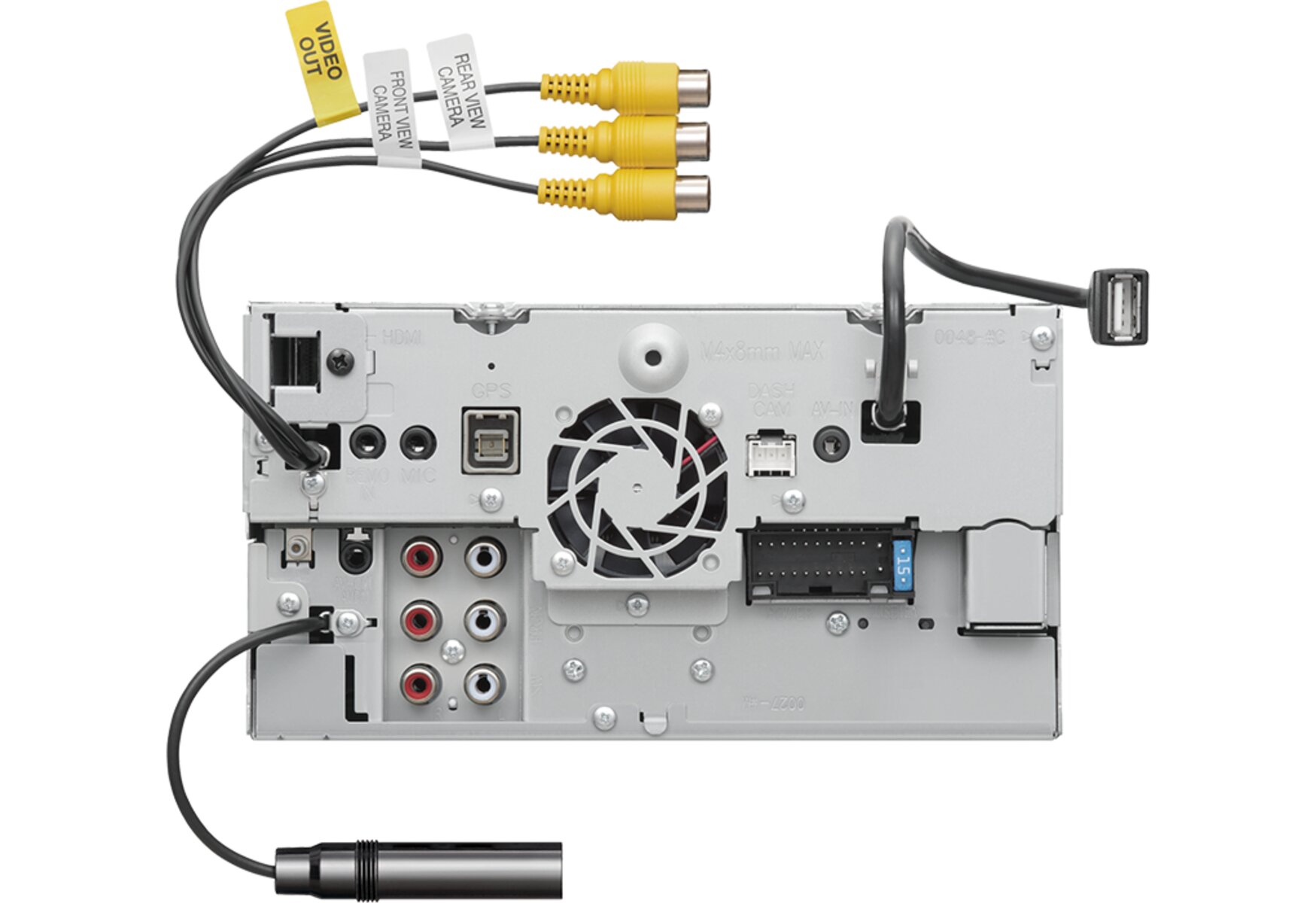 Rückseite des Autoradios: Videoausgang, 3 Kameraeingänge, HDMI, GPS, USB, Mikrofon, Cinch-Audio, Lüfter und Stromanschluss.