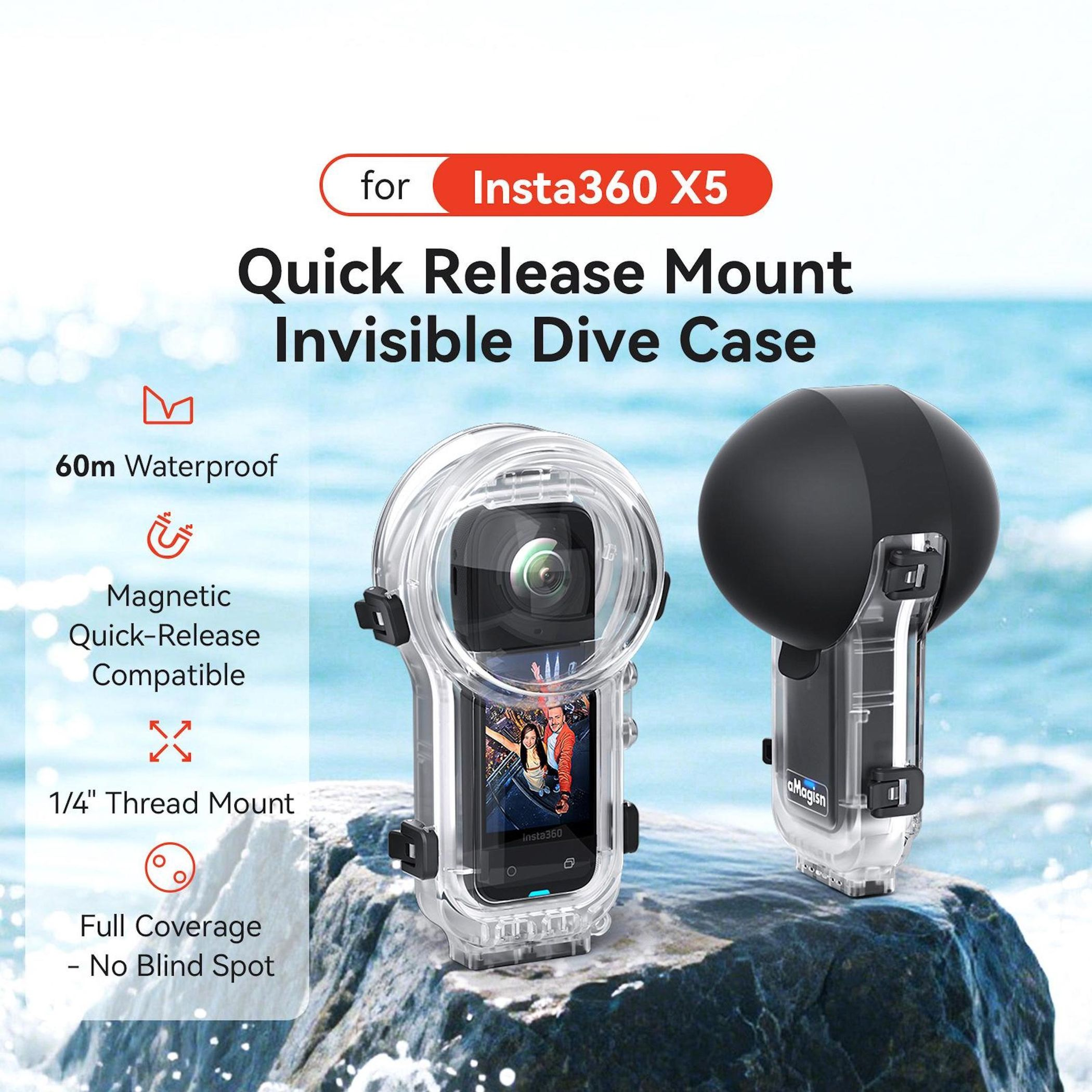 Custodia subacquea Insta360 X5, impermeabile 60m, magnetica, attacco 1/4".