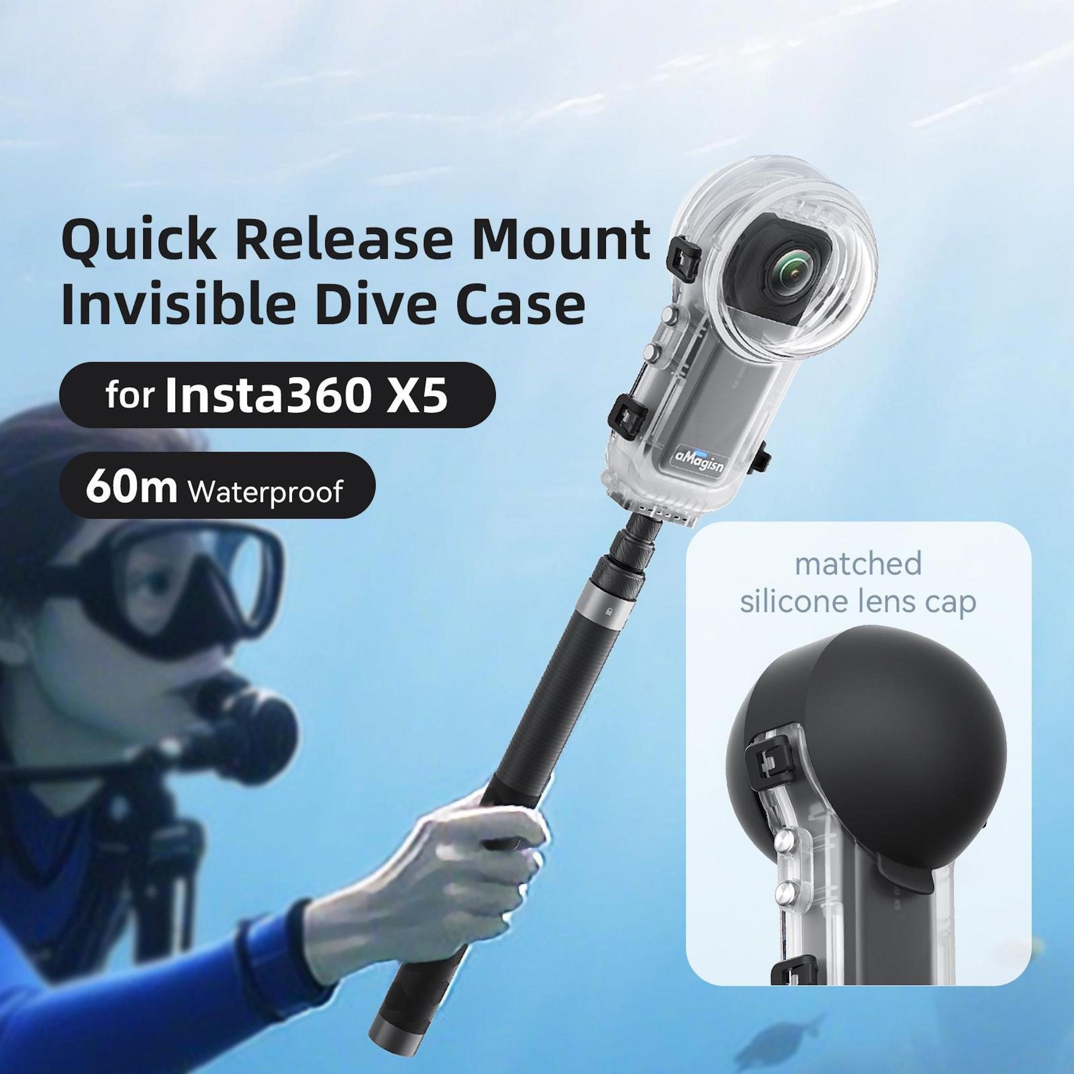 Custodia subacquea Insta360 X5 con manico, impermeabile 60m.