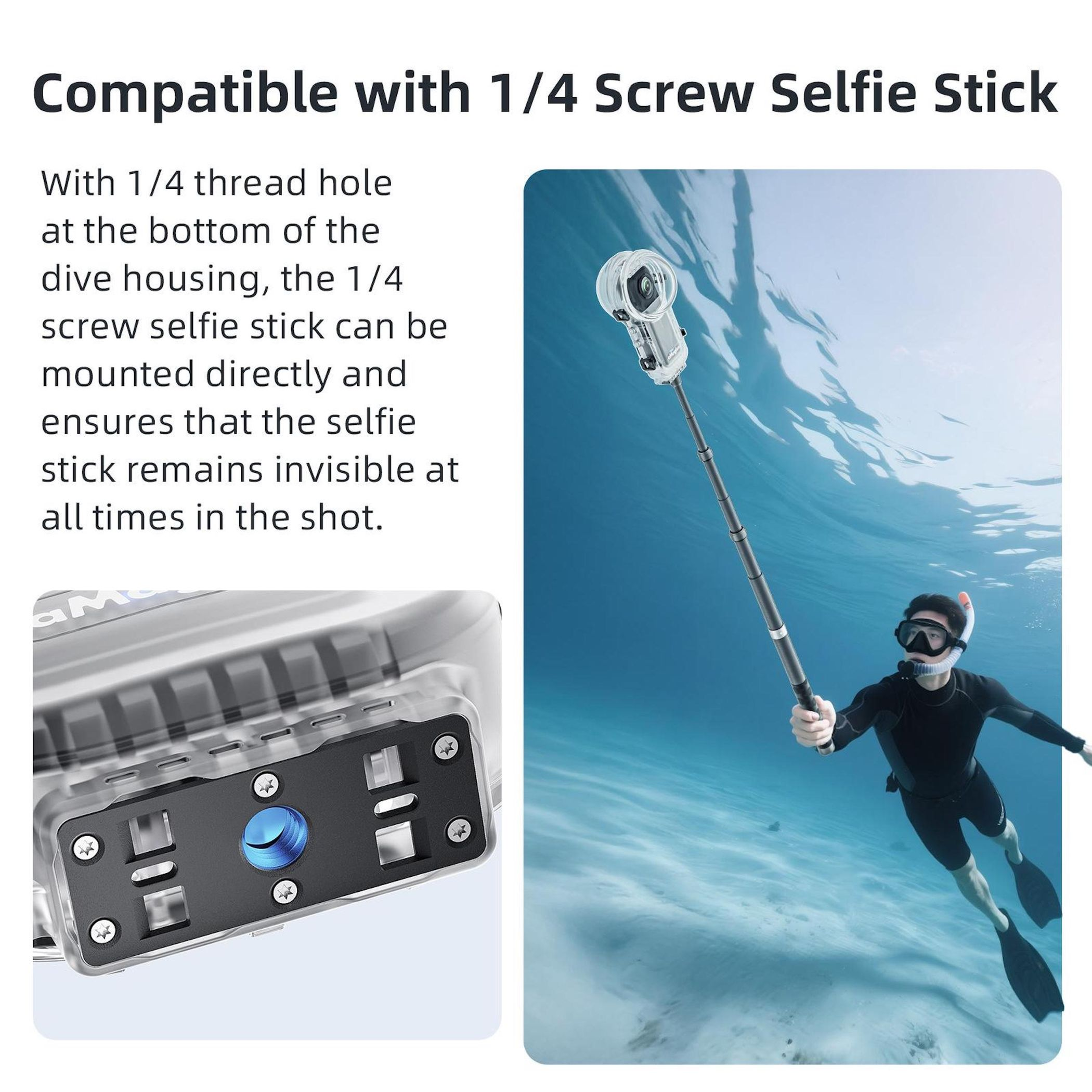 Un subacqueo con boccaglio e maschera nuota sott'acqua tenendo un selfie stick.
