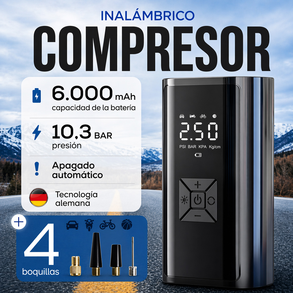 Compresor inalámbrico con batería de 6000 mAh, 10,3 BAR, tecnología alemana y 4 boquillas.