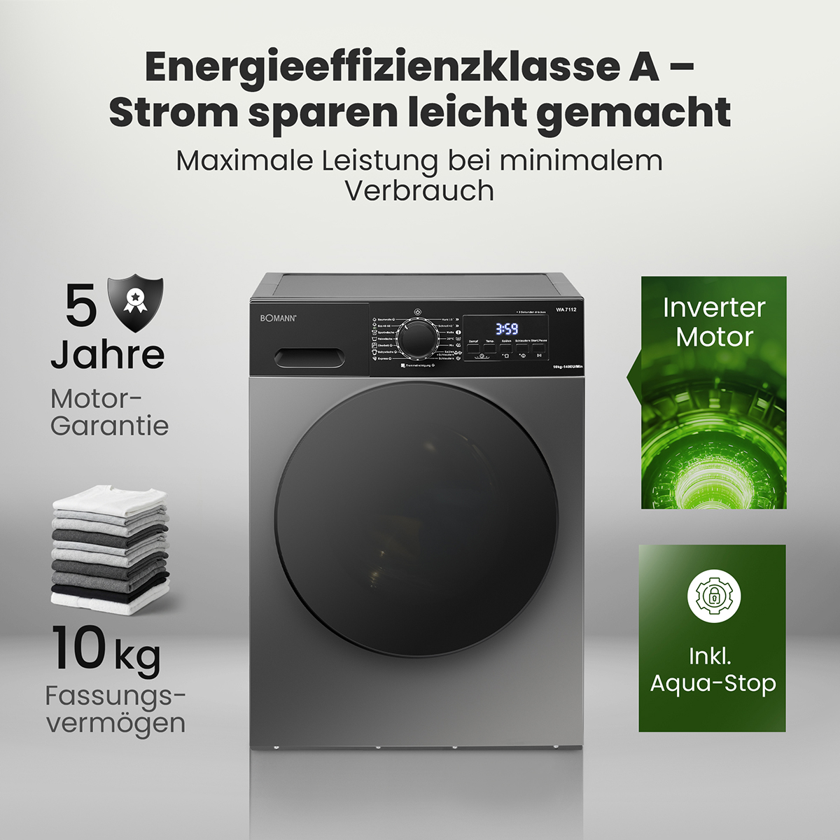 Graue Waschmaschine mit 10kg Fassungsvermögen, 5 Jahre Garantie, Inverter Motor & Aqua-Stop.