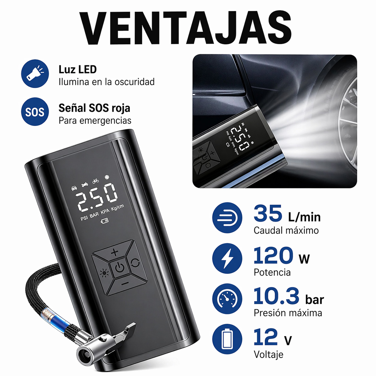 Inflador de neumáticos portátil negro con pantalla LED mostrando 2.50 PSI. Incluye luz LED, SOS.