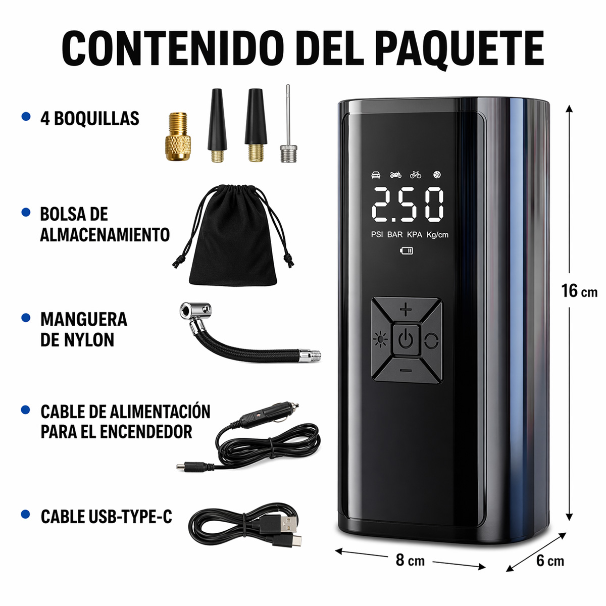 Compresor de aire negro con accesorios: boquillas, bolsa, mangueras y cables.