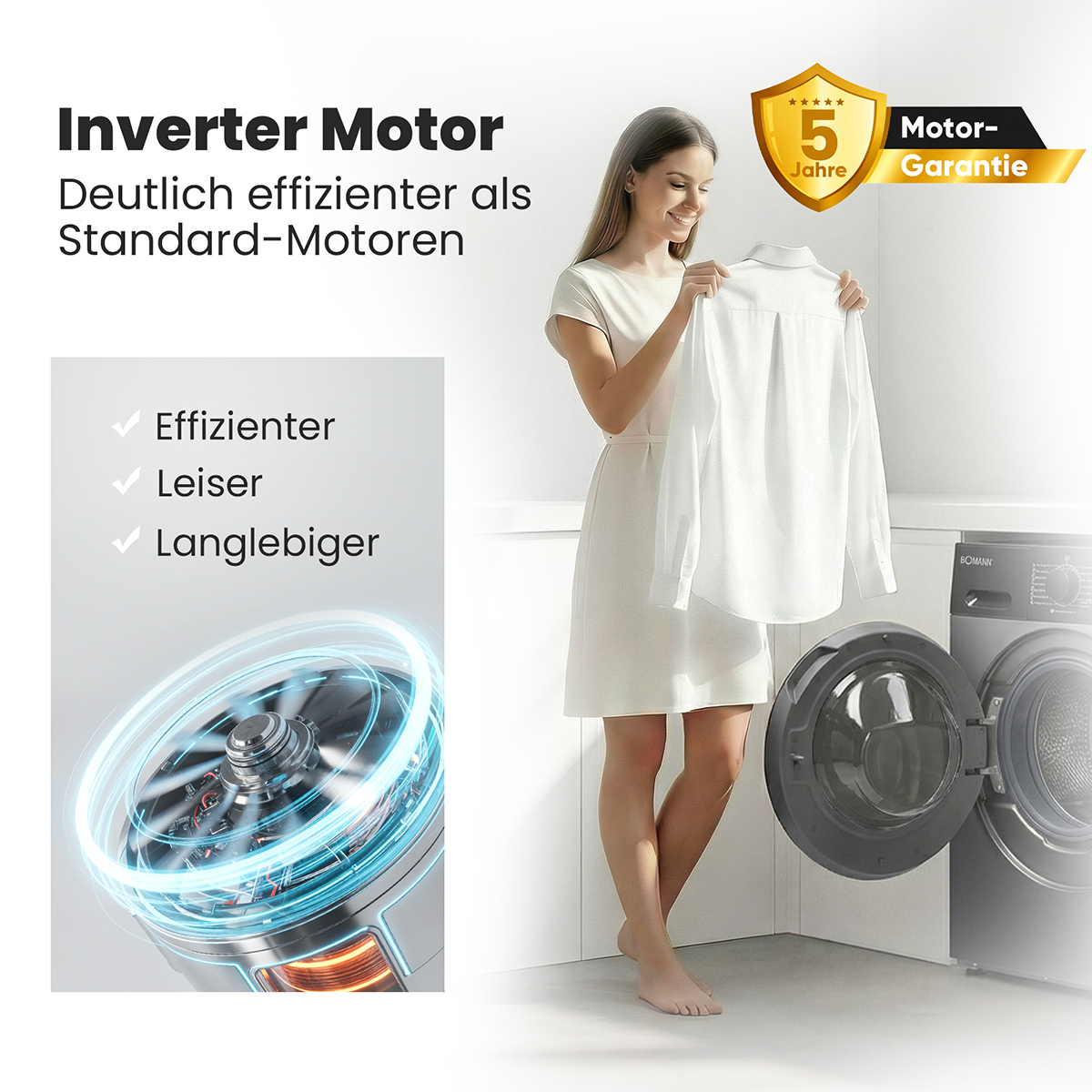 Frau mit weißem Hemd neben Waschmaschine, mit Motor-Garantie-Siegel.