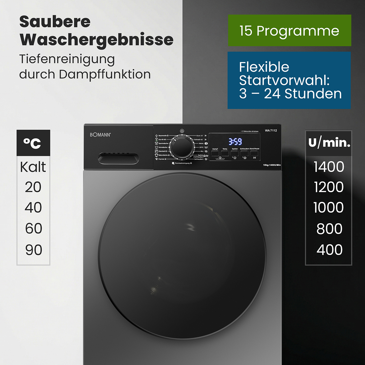 Schwarze Bomann Waschmaschine mit Bedienfeld und Trommel. 15 Programme, Startvorwahl.