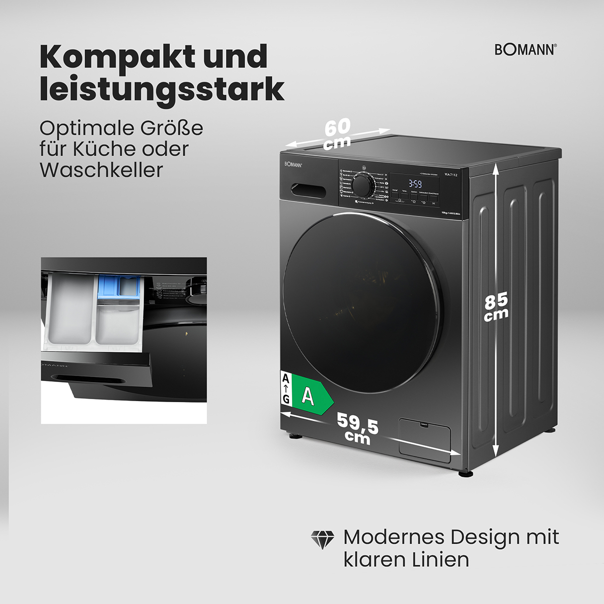 Eine BOMANN Waschmaschine wird mit den Maßen 60cm x 85cm x 59,5cm gezeigt.