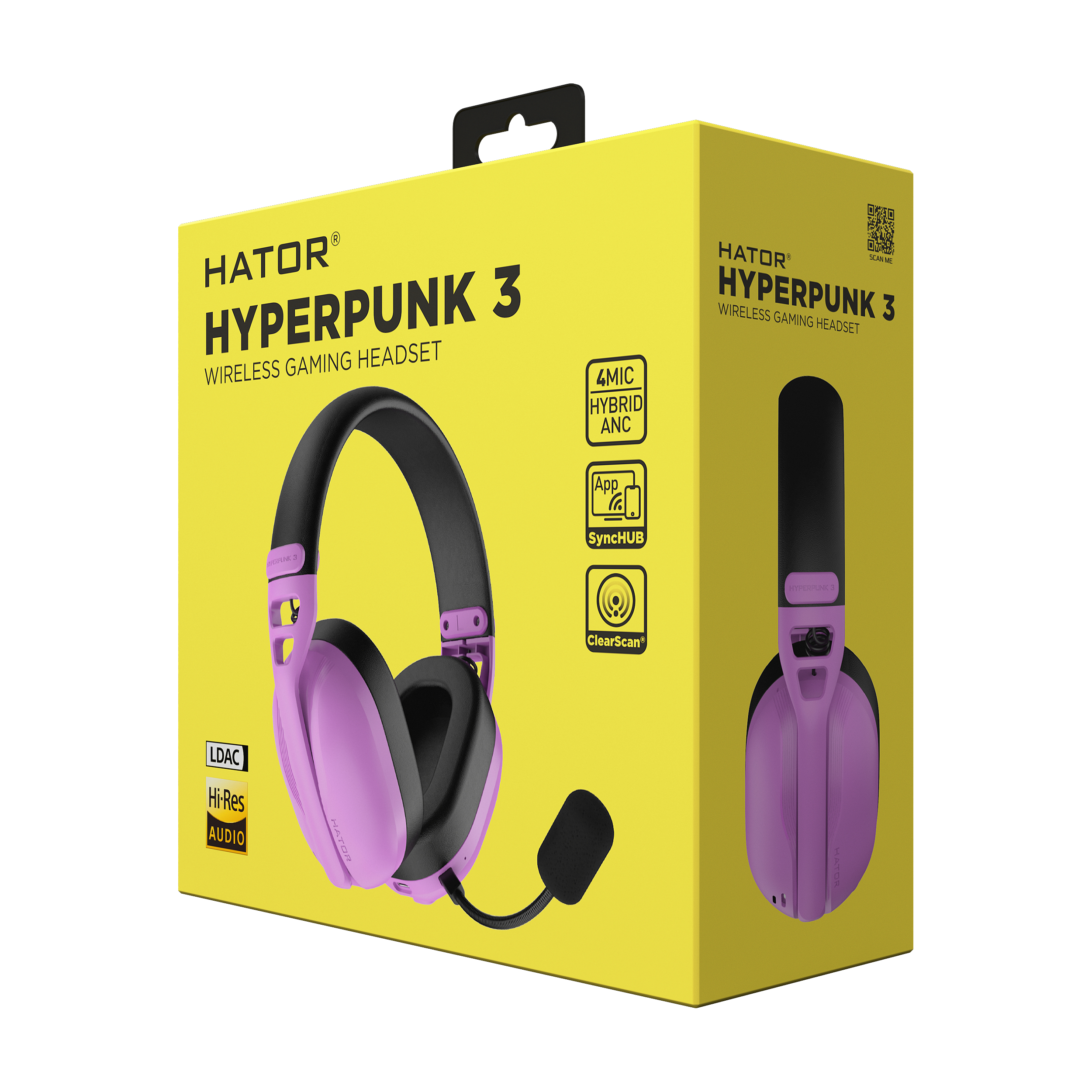 Boîte du casque gamer sans fil HATOR HYPERPUNK 3 violet avec code QR.