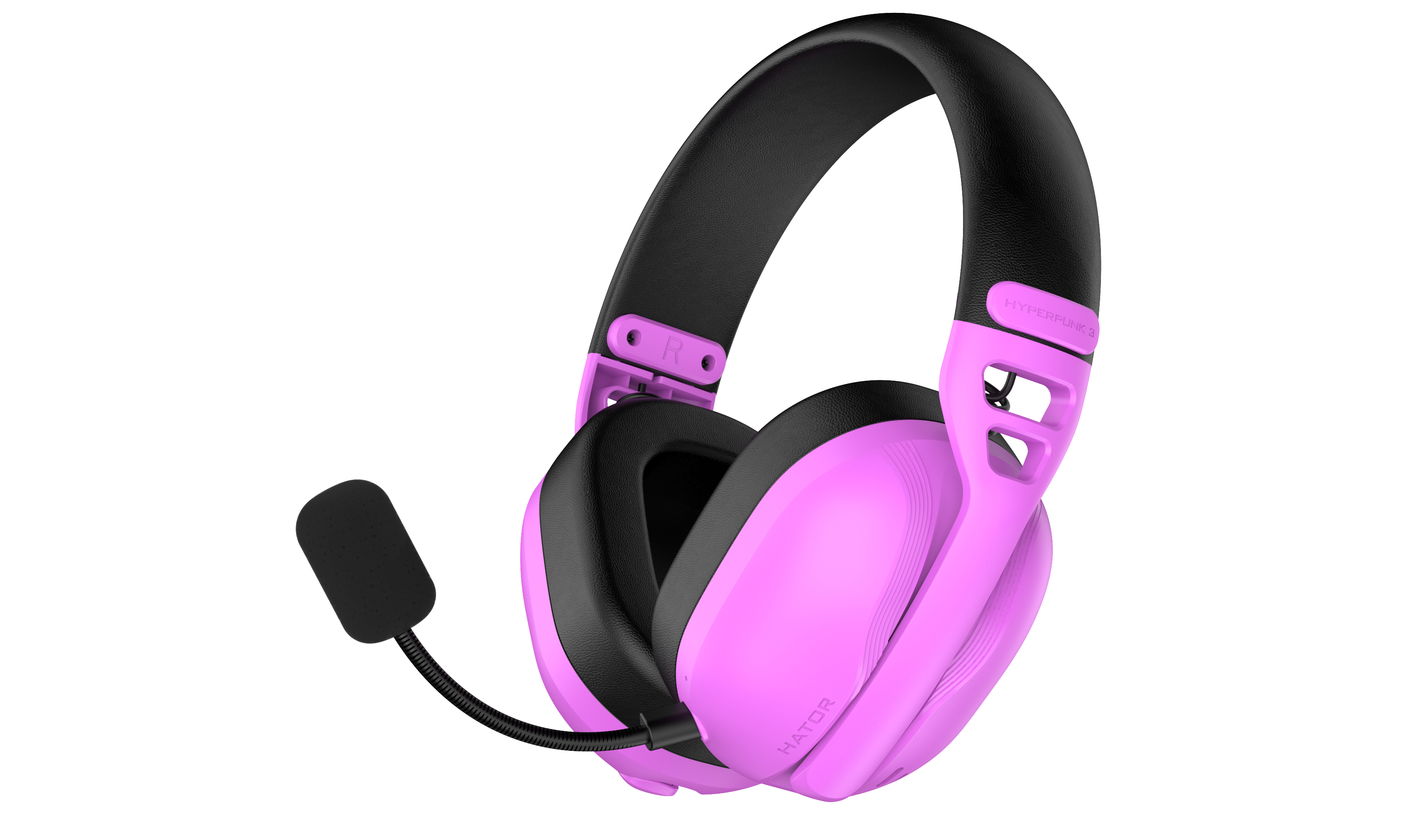 Un casque rose vif avec écouteurs et bandeau noirs, doté d'un microphone.