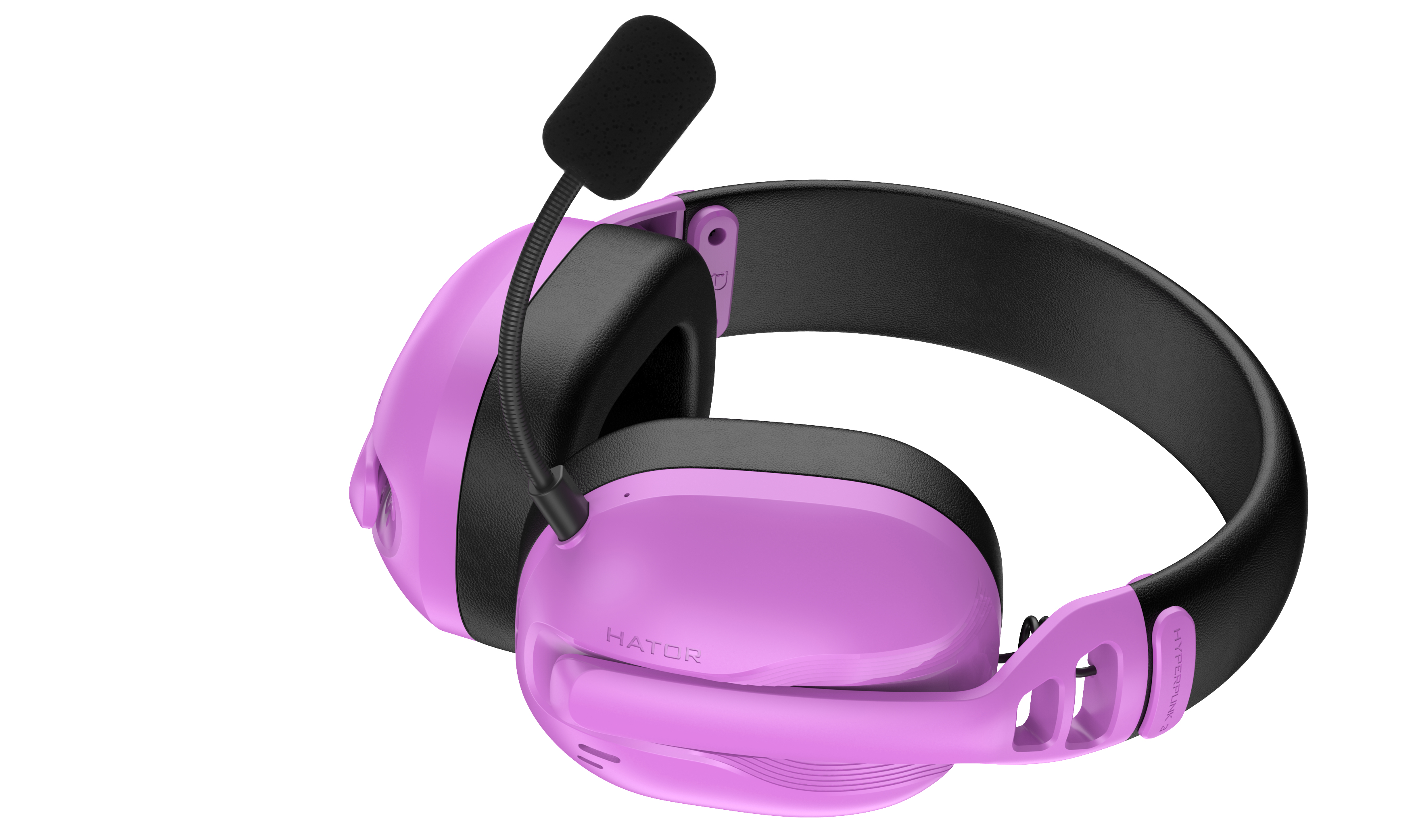 Un casque violet avec un microphone et des oreillettes noirs.