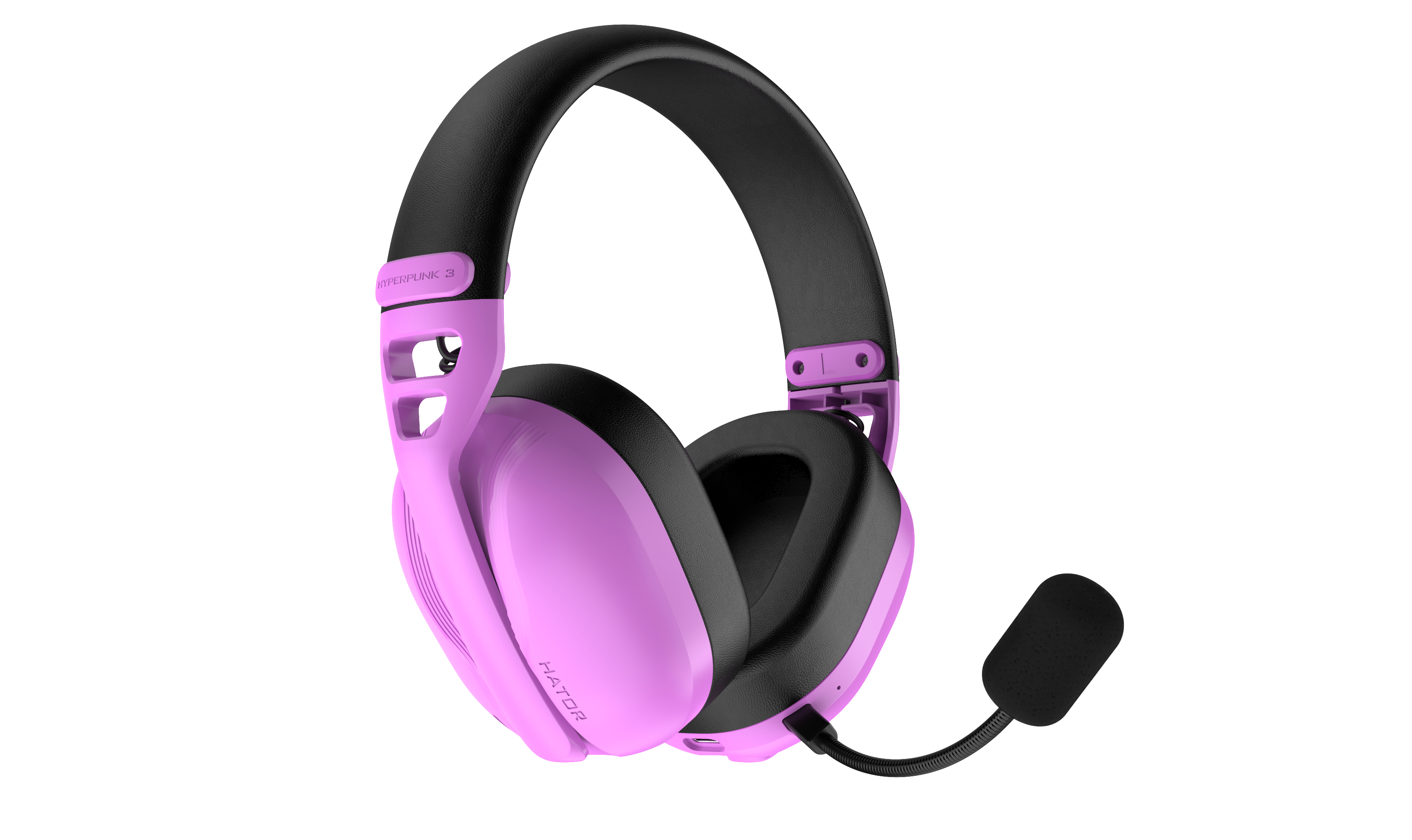 Un casque gaming rose avec un bandeau et un micro noirs.