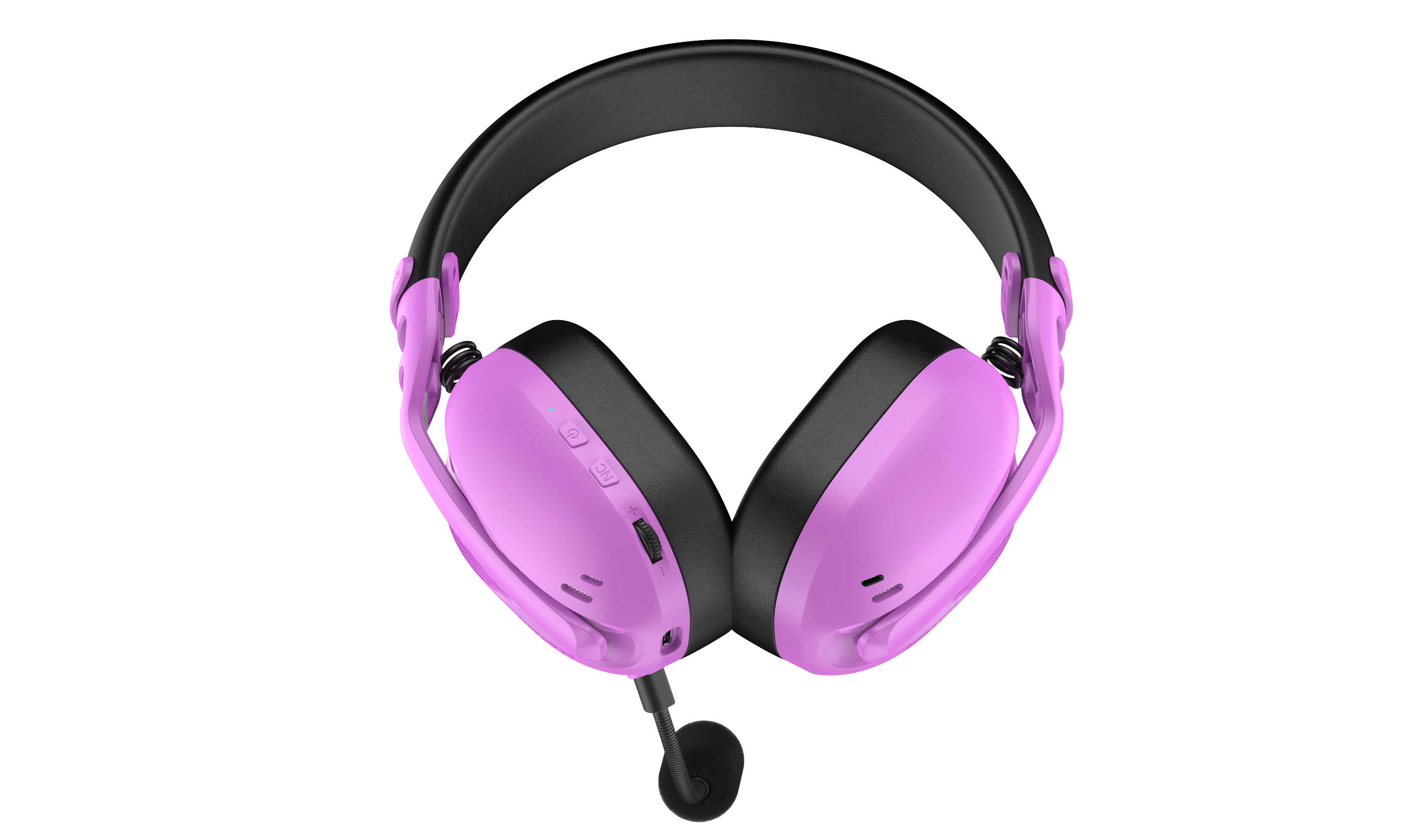 Casque violet et noir avec microphone, sur fond blanc.