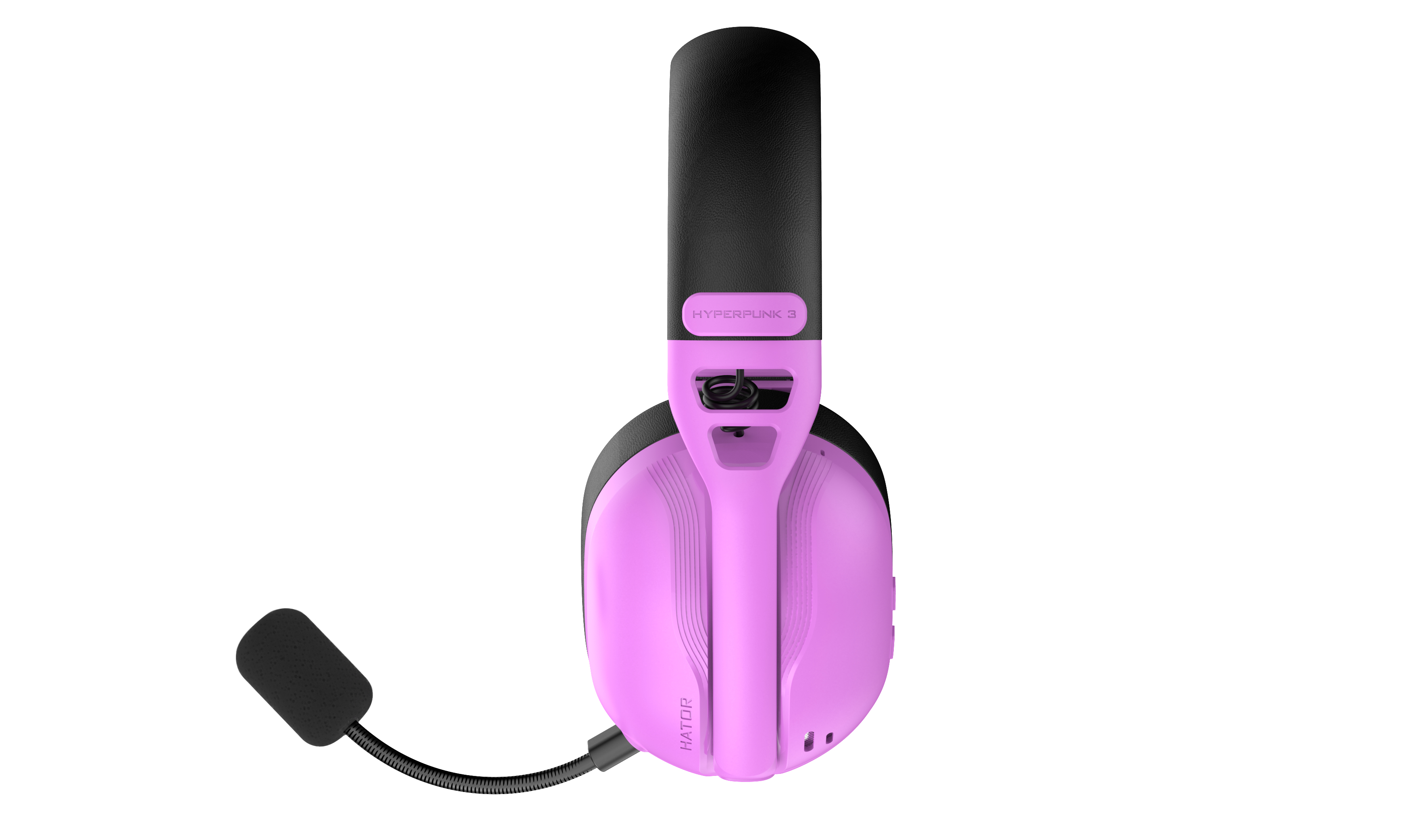 Un casque rose avec microphone et bandeau noirs.