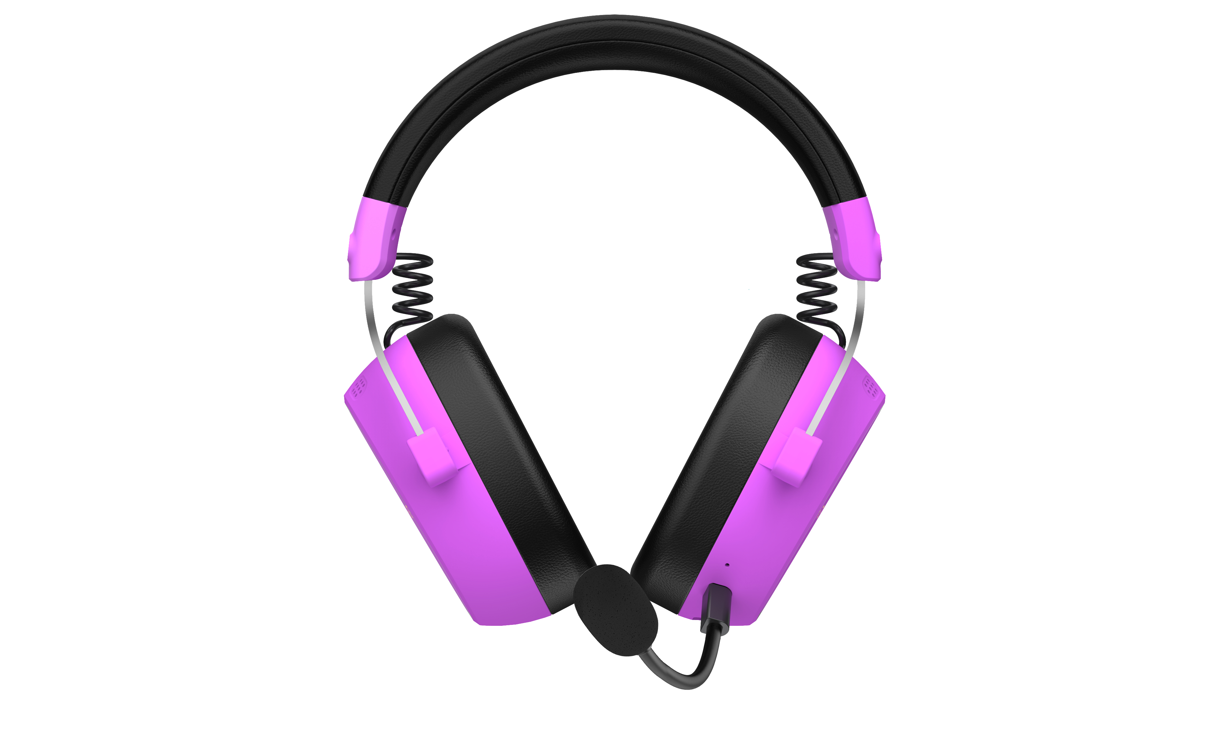 Casque violet et noir avec microphone sur fond blanc.
