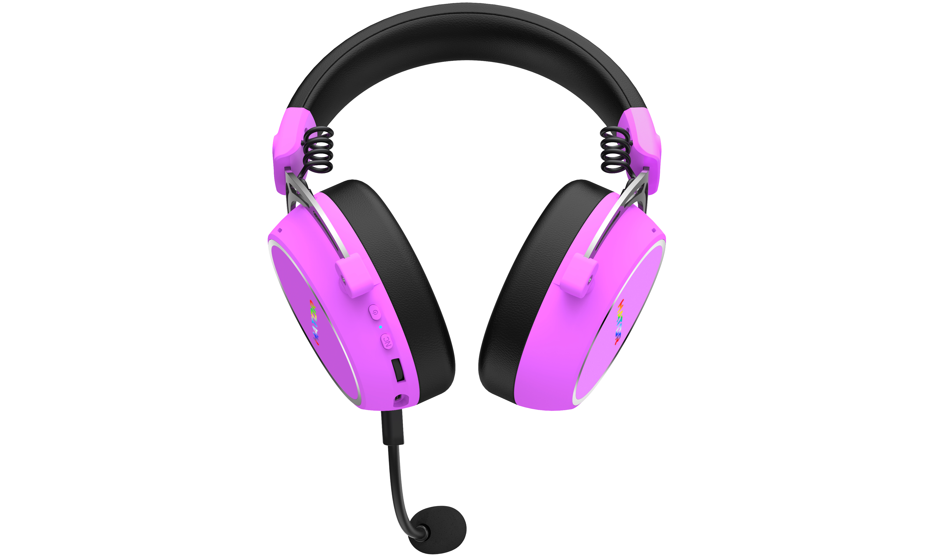 Casque violet avec arceau noir et microphone, sur fond blanc.