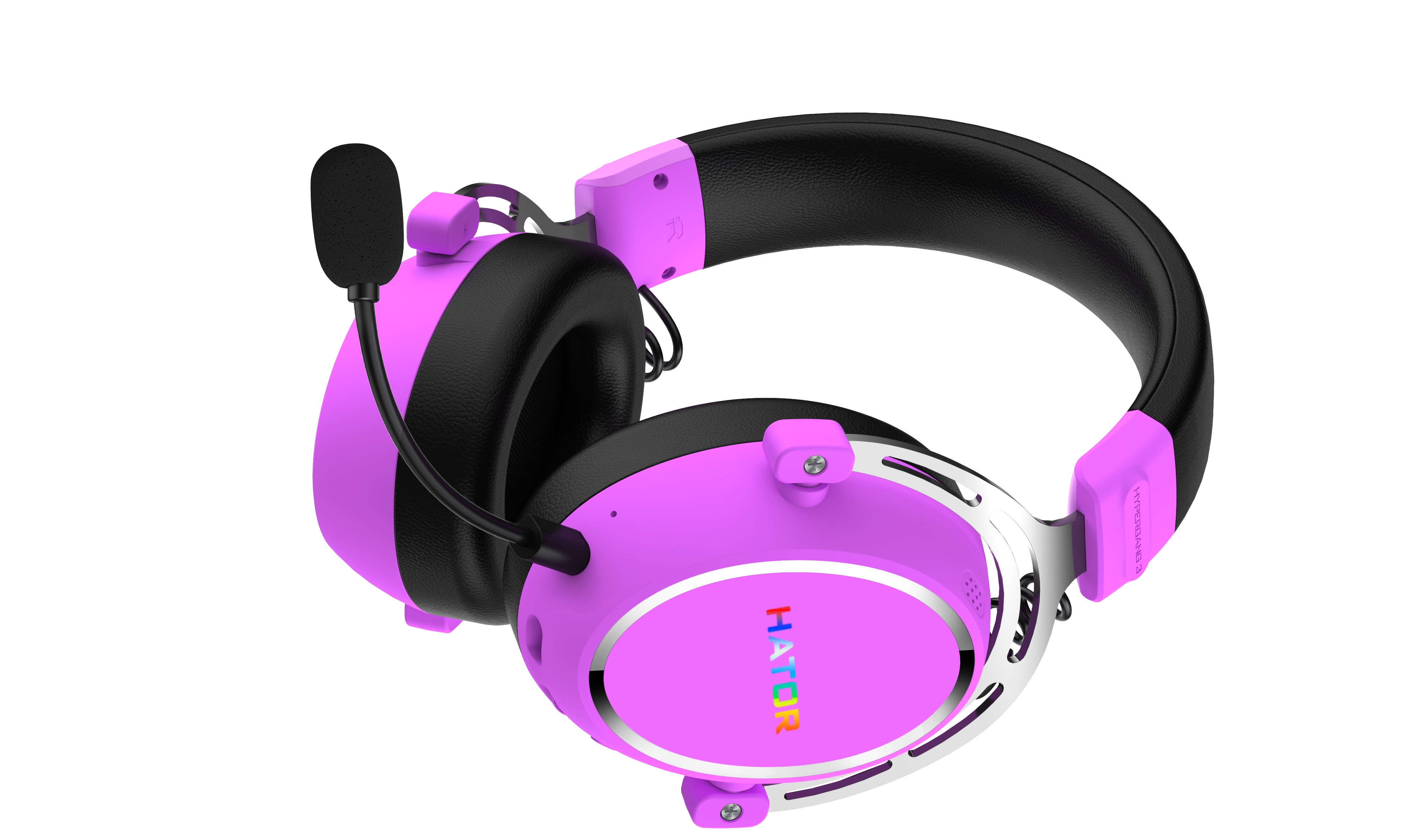 Casque violet avec microphone et texte "HATOR" multicolore.