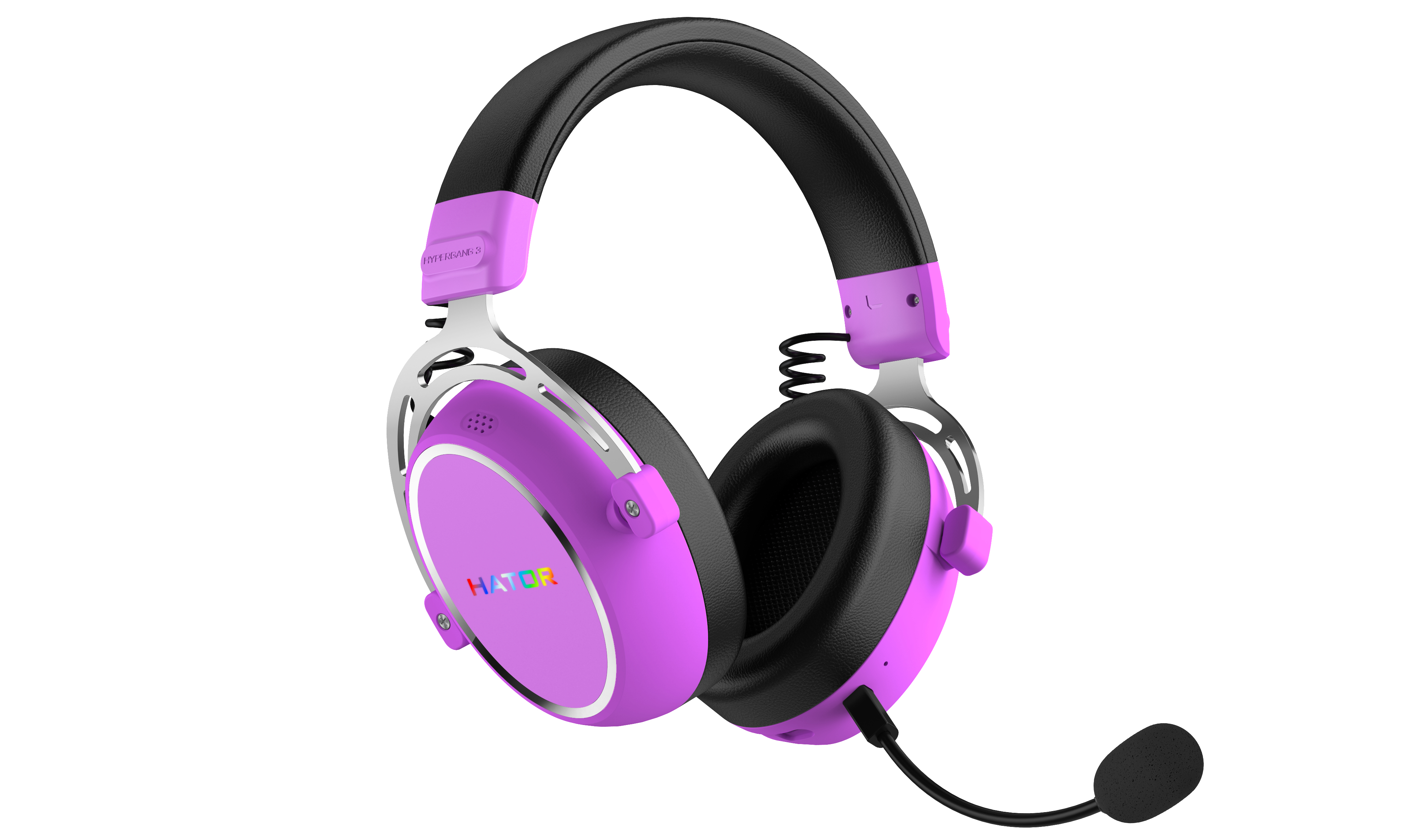 Casque violet avec arceau noir et microphone, marque "HATOR".