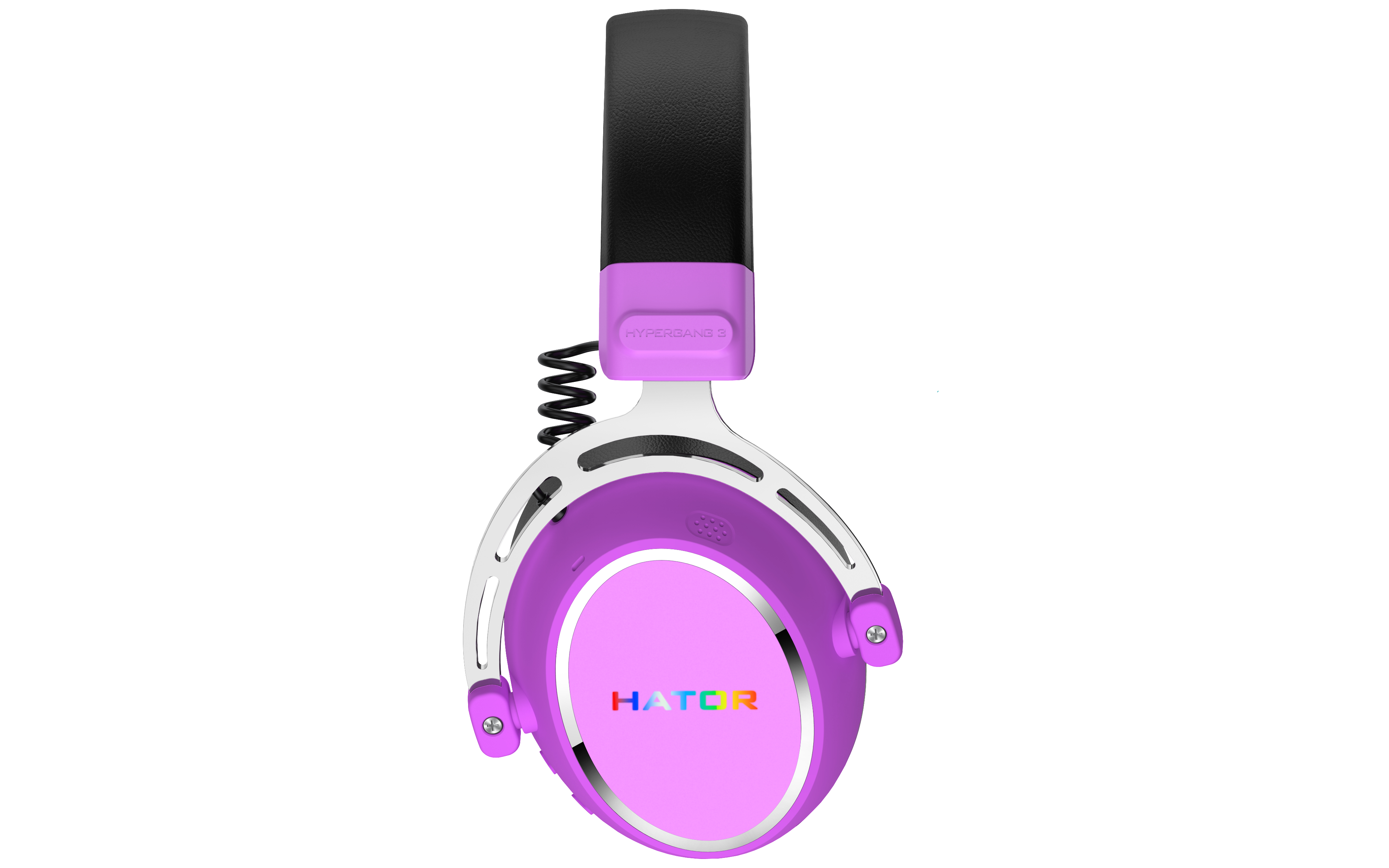 Casque violet avec bandeau noir et cadre argenté. L'écouteur présente le logo coloré 'HATOR'.