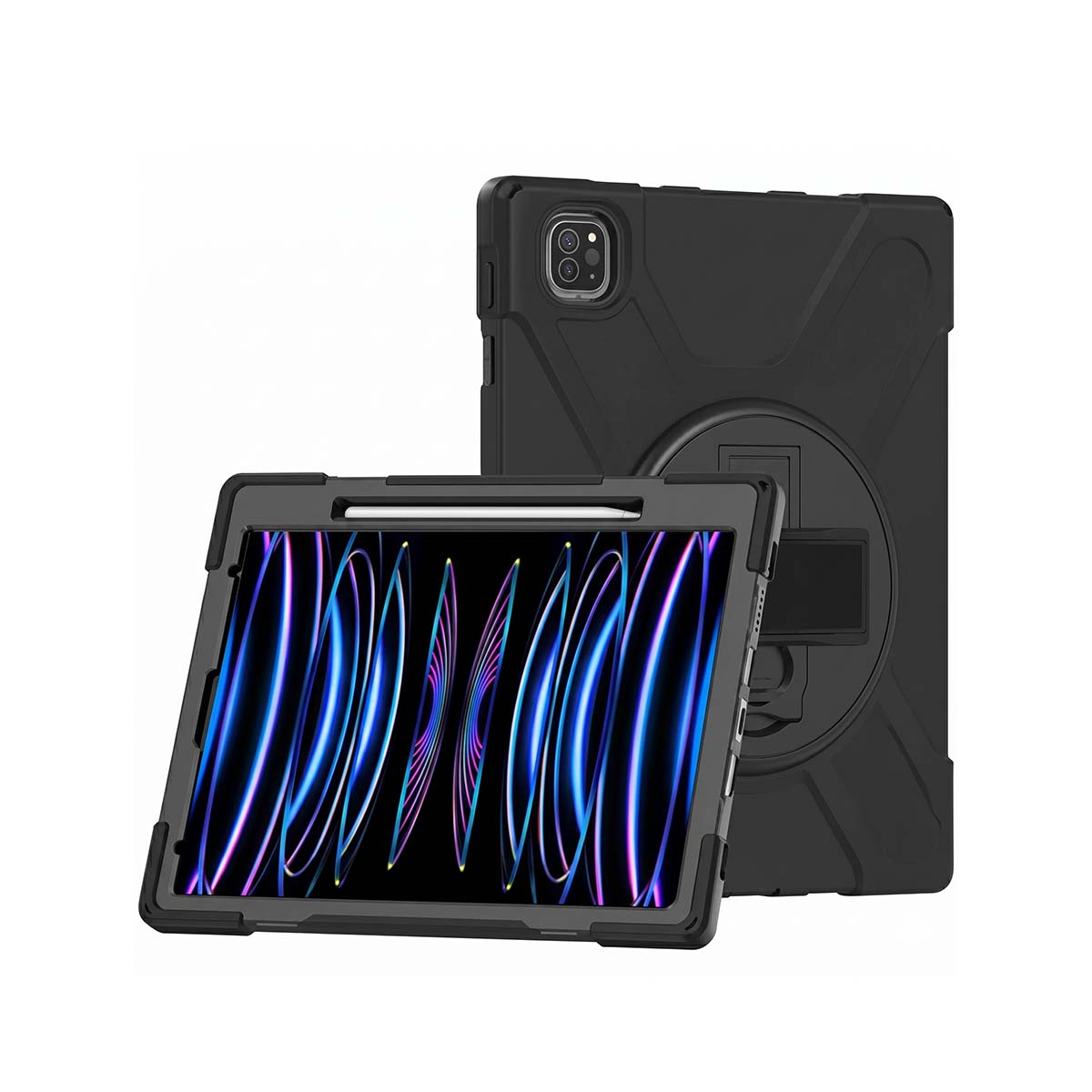 Schwarzes Tablet mit Schutzhülle und Stift, zeigt einen bunten Hintergrund.