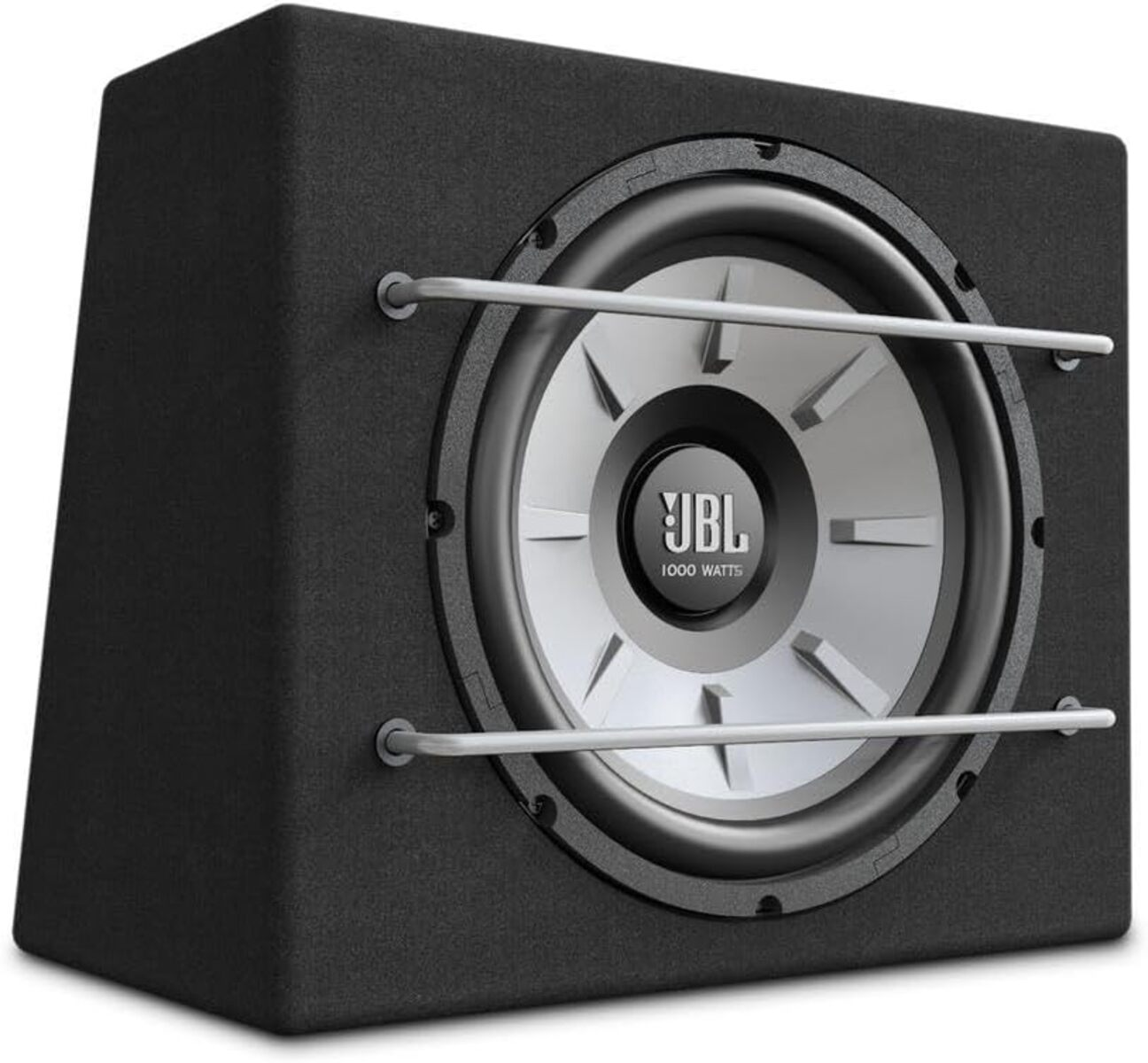 Schwarzer Subwoofer mit silbernem JBL-Logo und 1000 Watt.