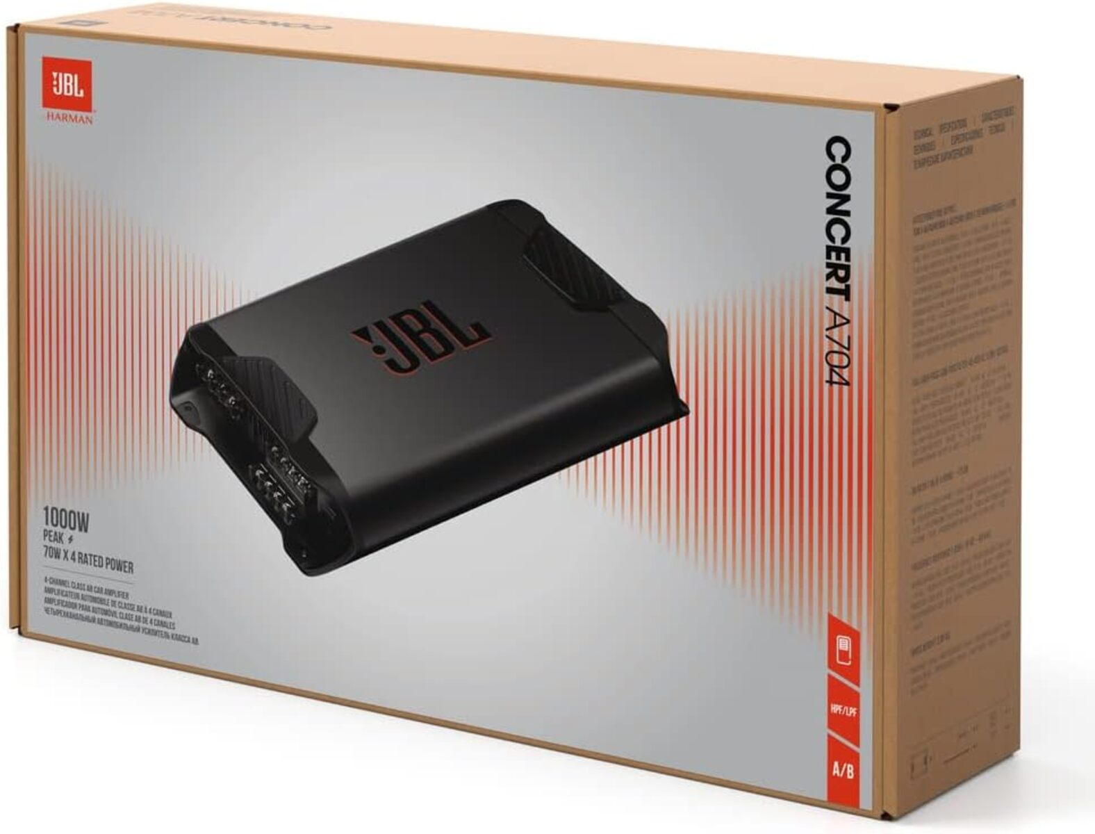 Schwarzer JBL Verstärker mit roten Akzenten auf der Verpackung.