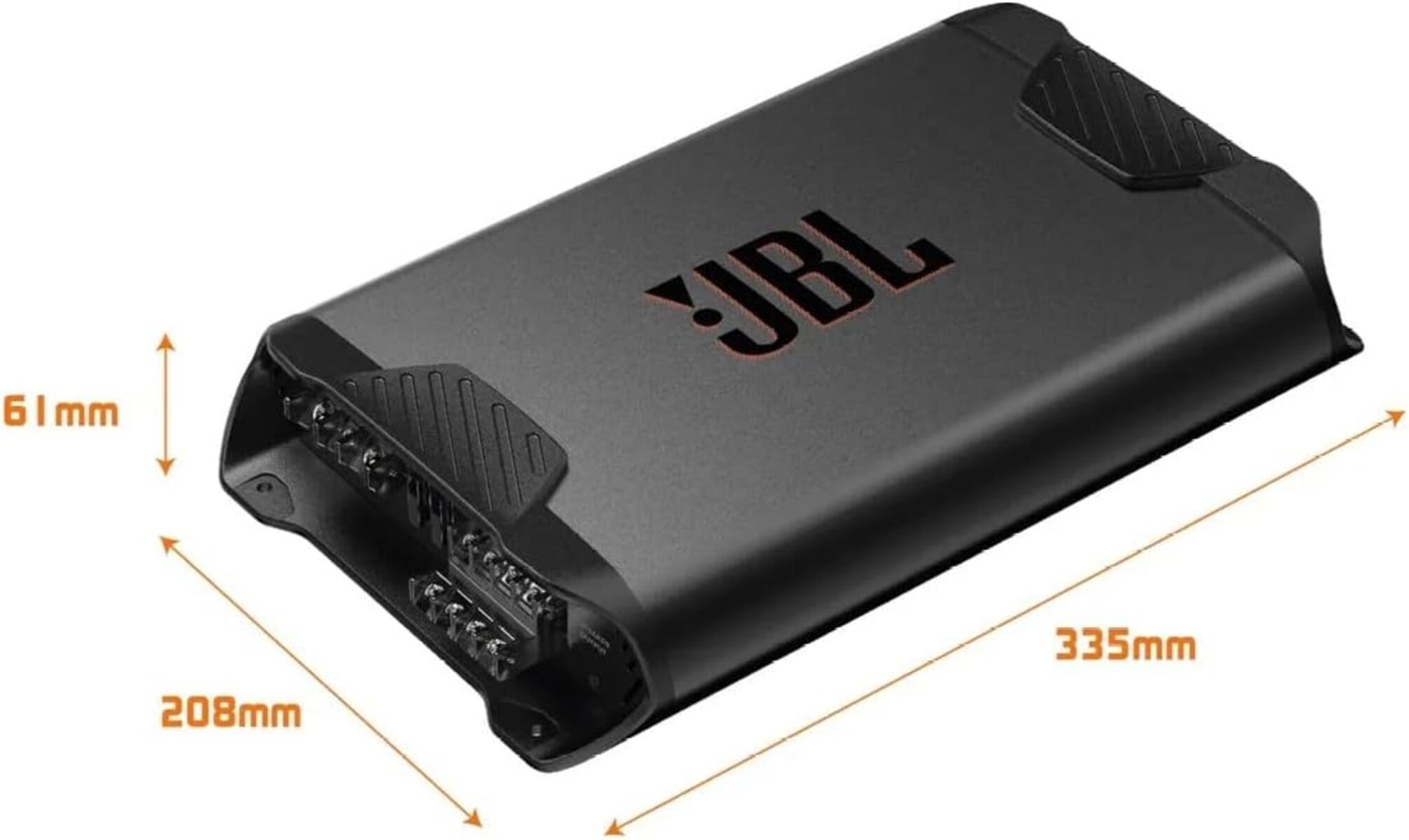 Schwarzer JBL-Verstärker mit orangenem Logo. Maße: 208x61x335mm.