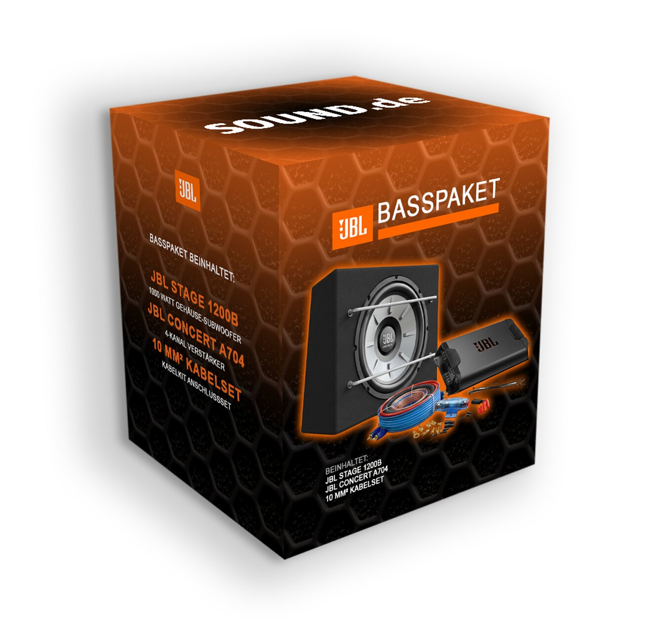 JBL Basspaket mit Subwoofer, Verstärker und Kabelset auf Kartonverpackung.