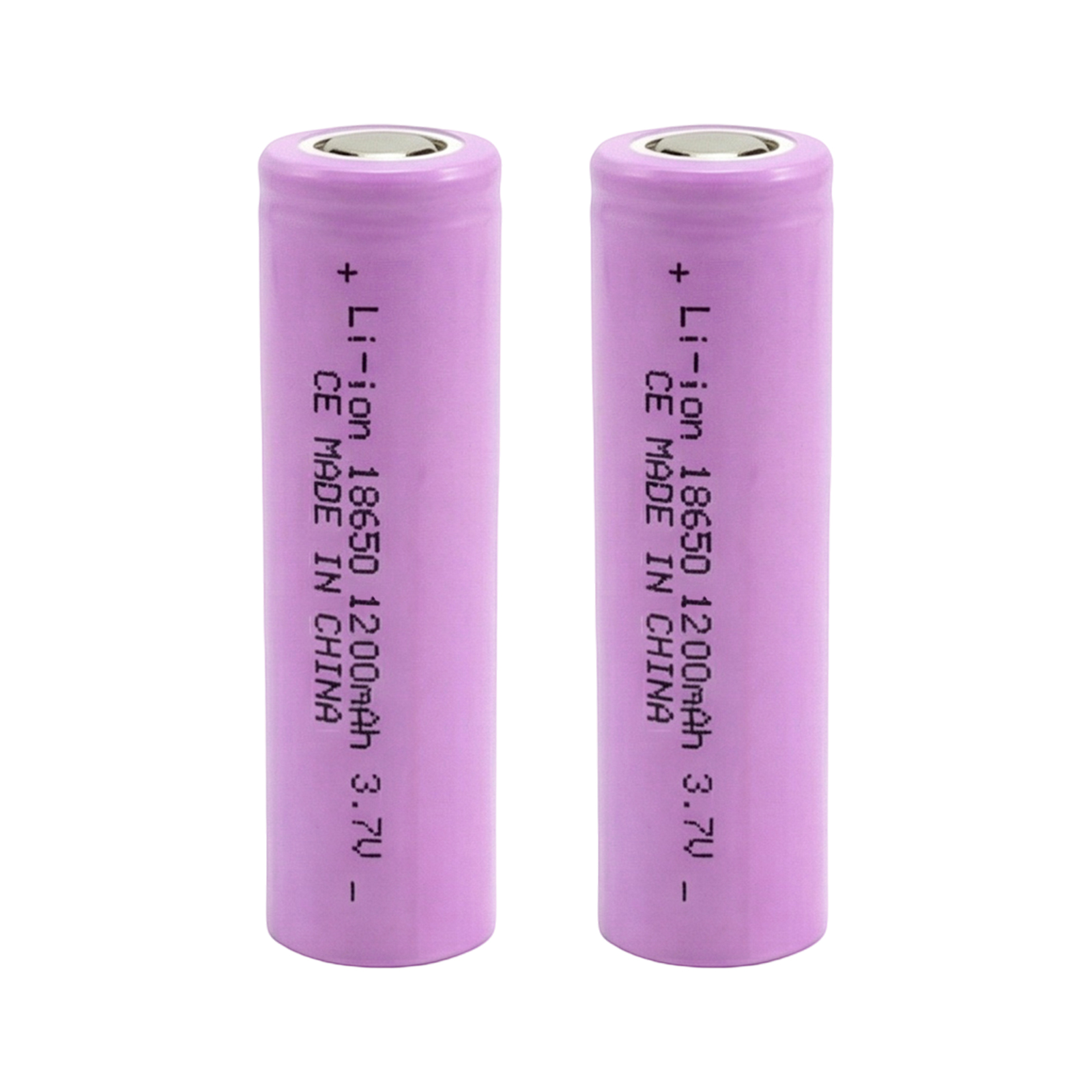 Due batterie 18650 Li-ion viola, 1200mAh 3.7V, Made in China.